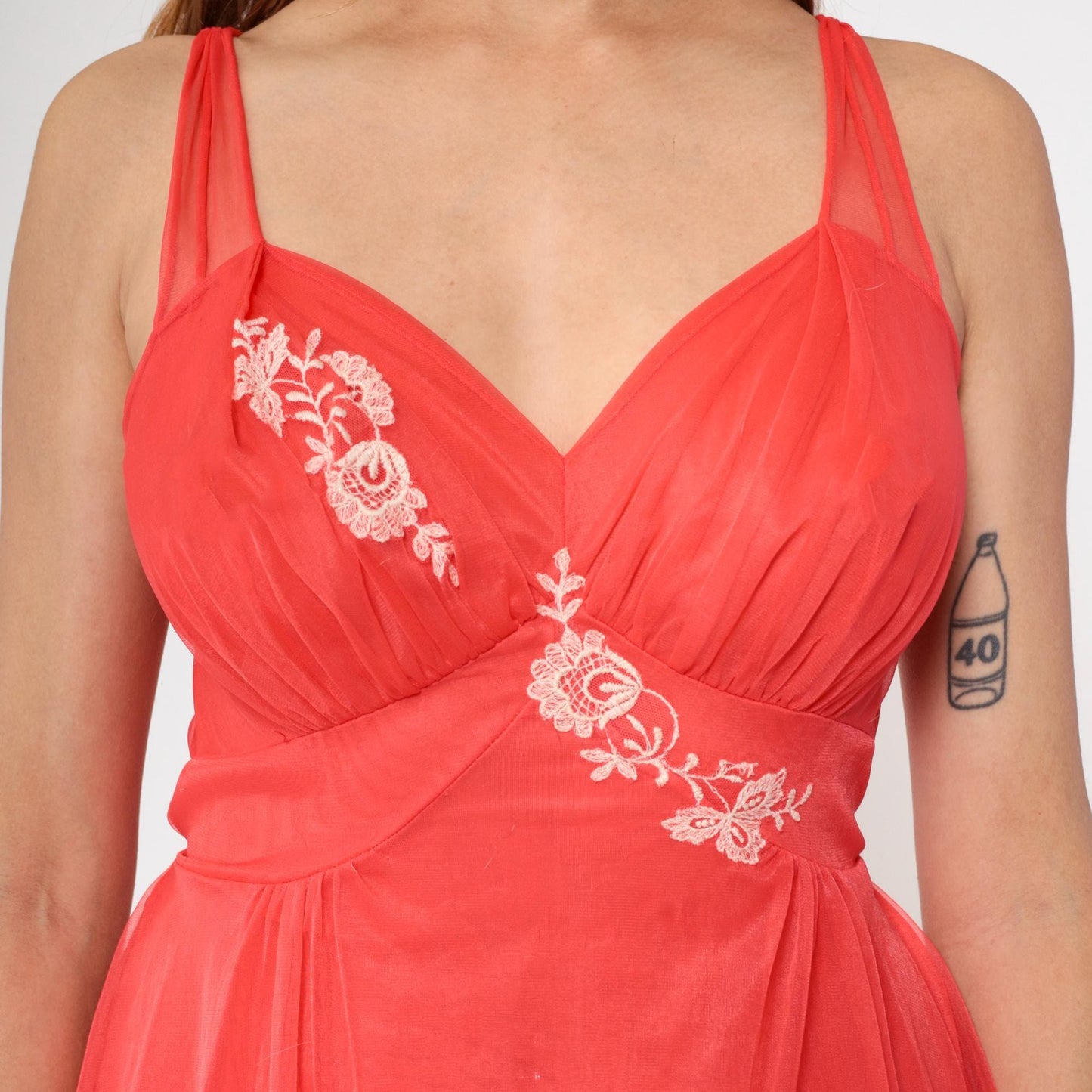 70s Red Nylon Lingerie Slip Dress Floral Embroidered Empire Waist Midi Medium