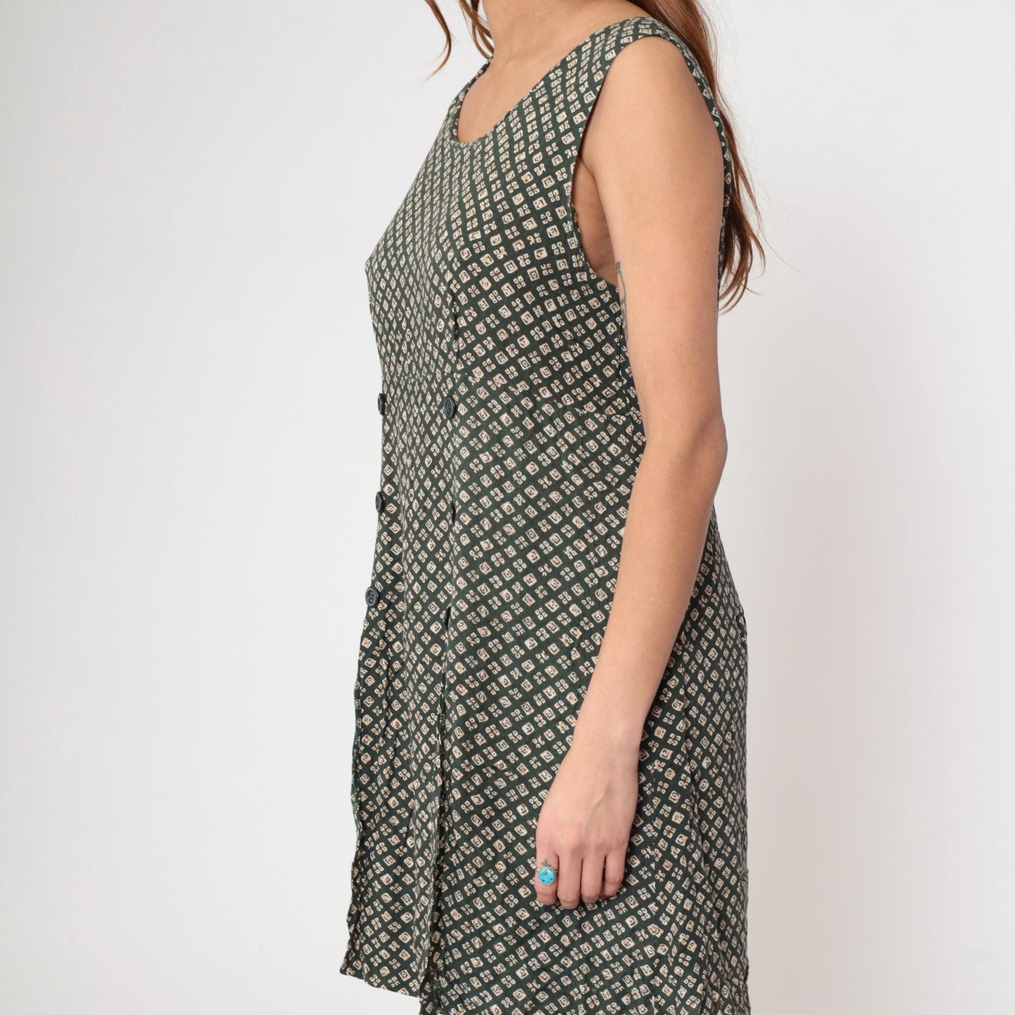 90s Liberty Geometric Mini Romper Forest Green Cream Sleeveless Small