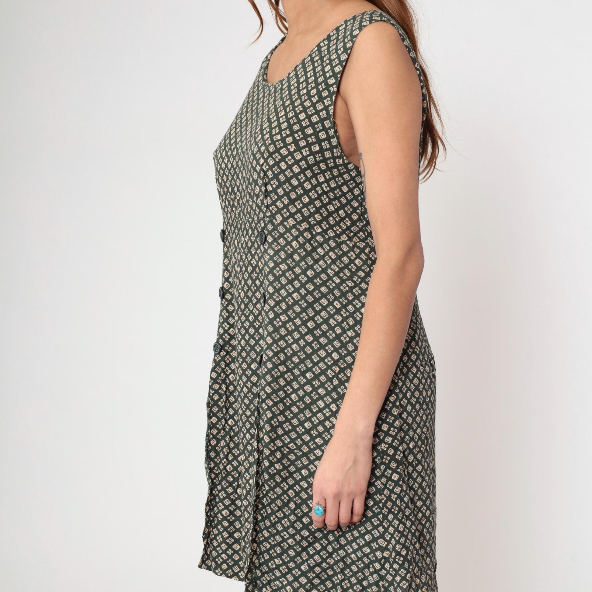 90s Liberty Geometric Mini Romper Forest Green Cream Sleeveless Small