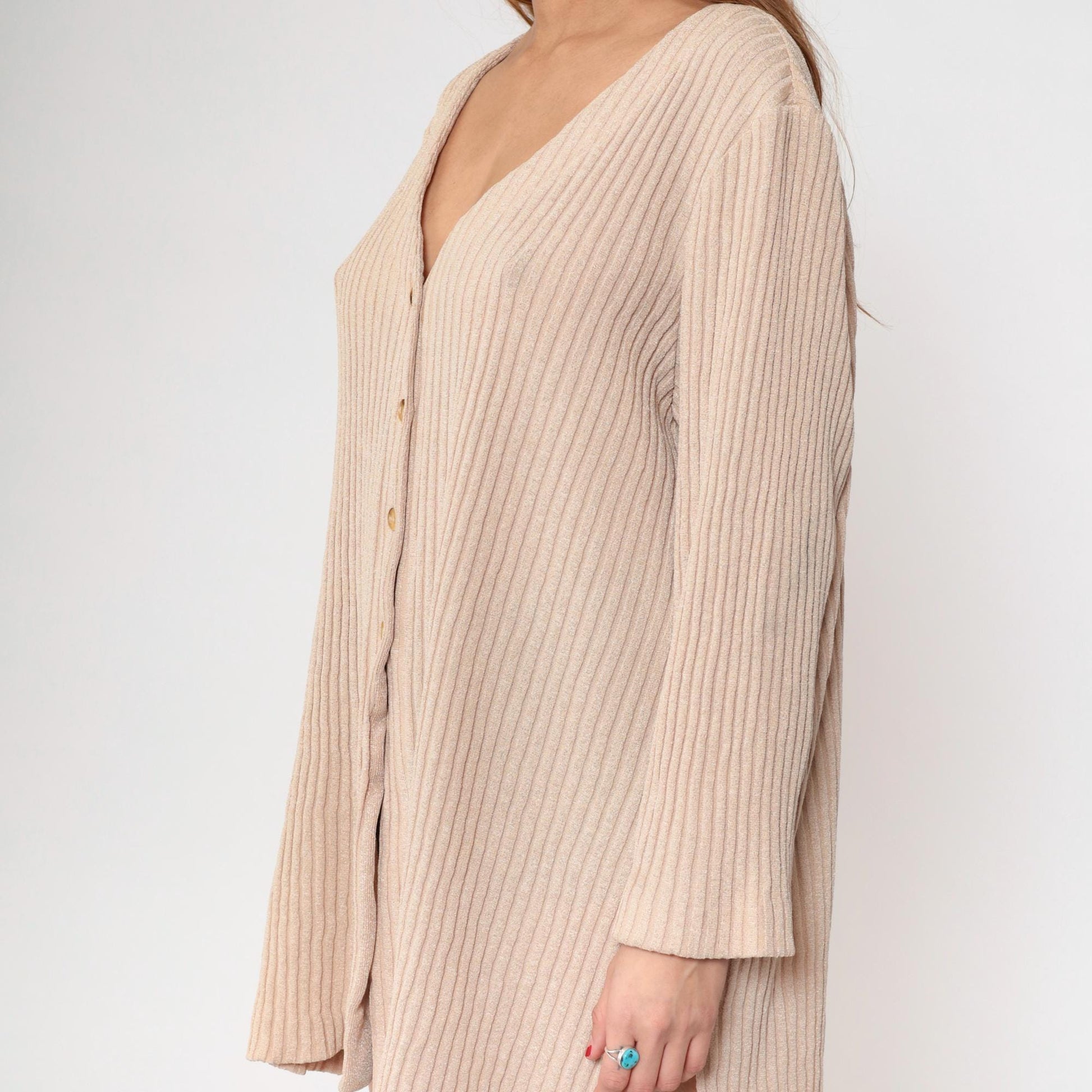 Y2K Kathryn Deene Ribbed Knit Cardigan Cream Button-Front V-Neck Medium