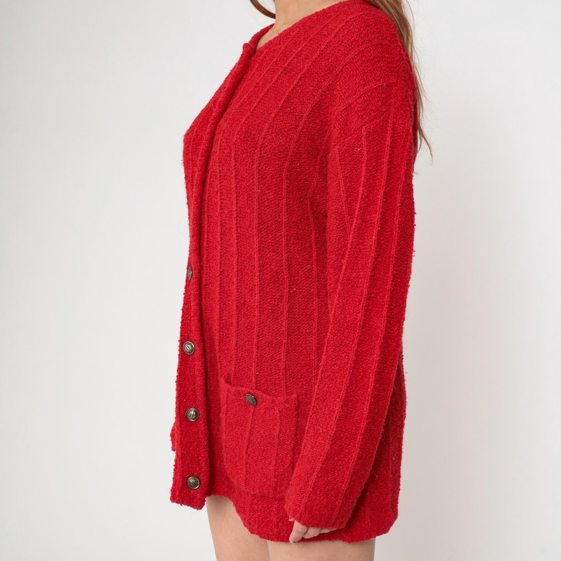 80s Fabriano Red Cardigan Sweater Chunky Knit Button Front Medium M