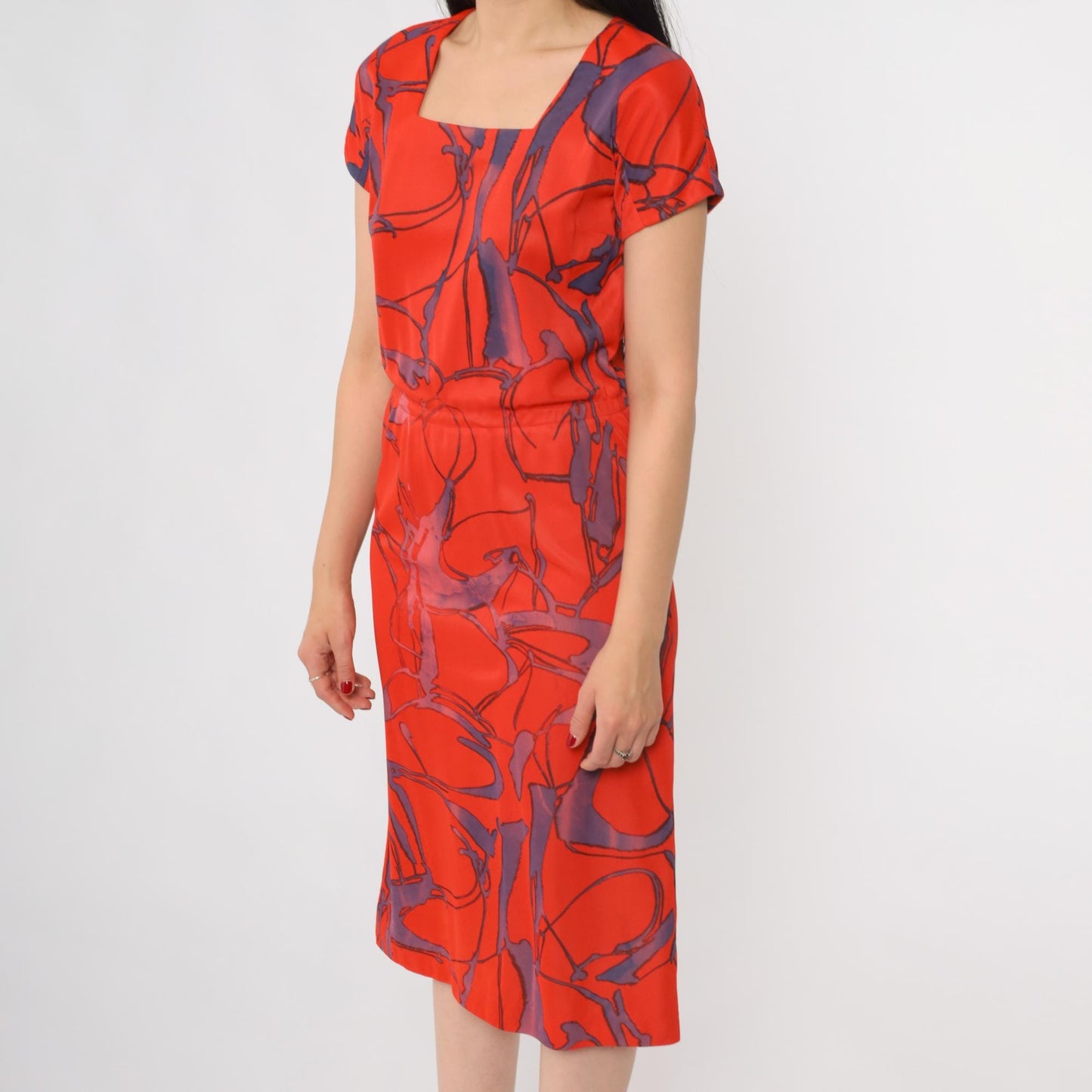60s Abstract Geometric Dress Red Purple Square Neck A-Line Small