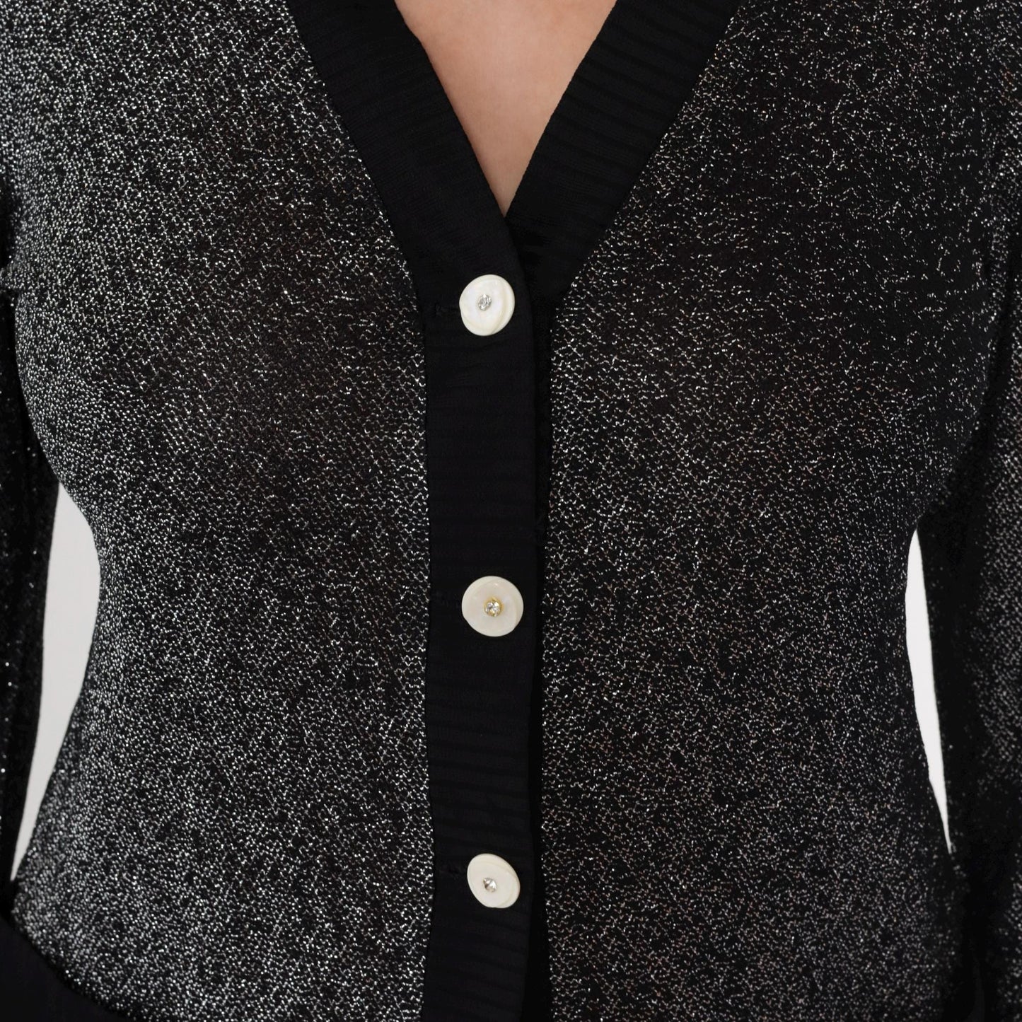 70s Black Silver Lurex Cardigan Deep V Button Front Metallic Knit Medium