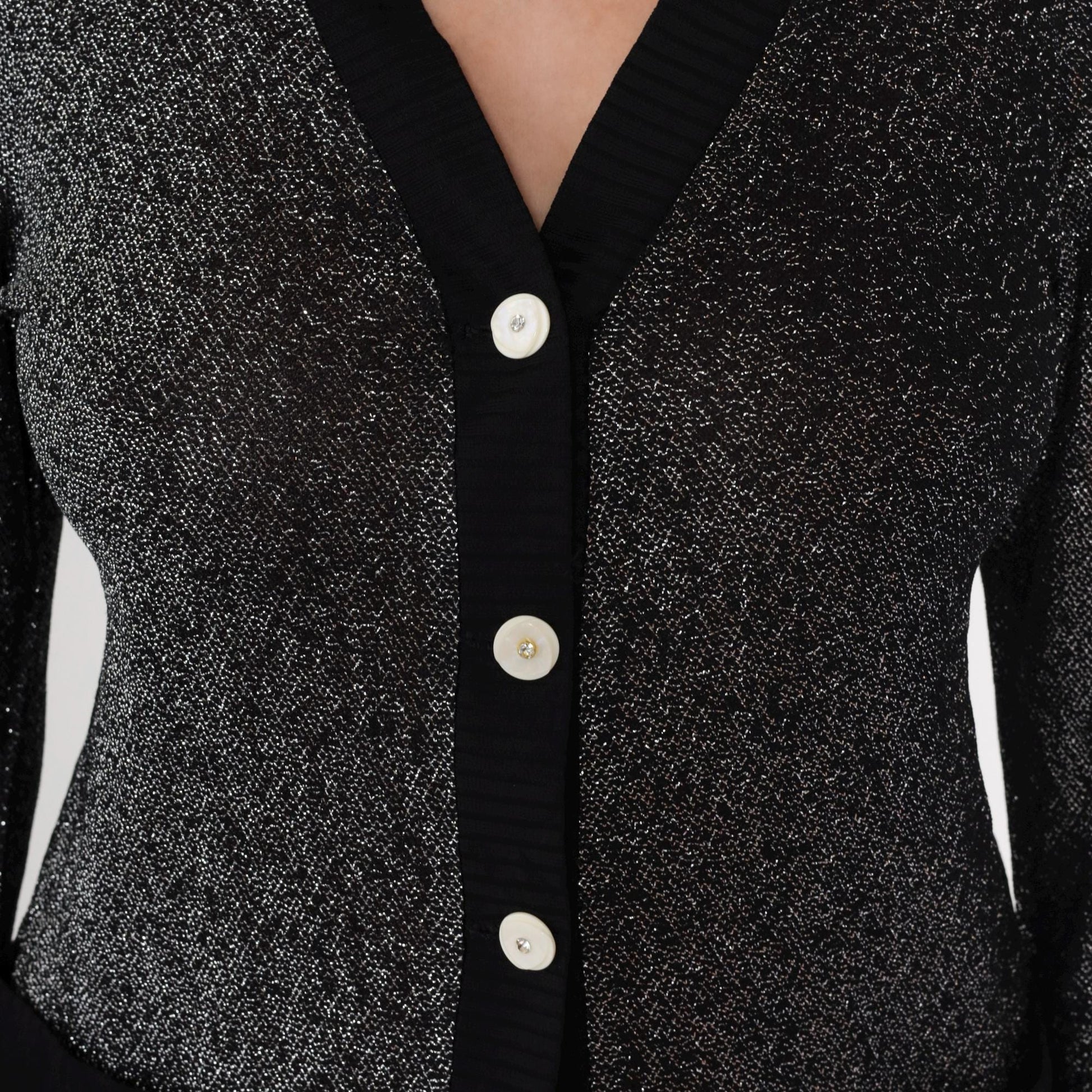 70s Black Silver Lurex Cardigan Deep V Button Front Metallic Knit Medium