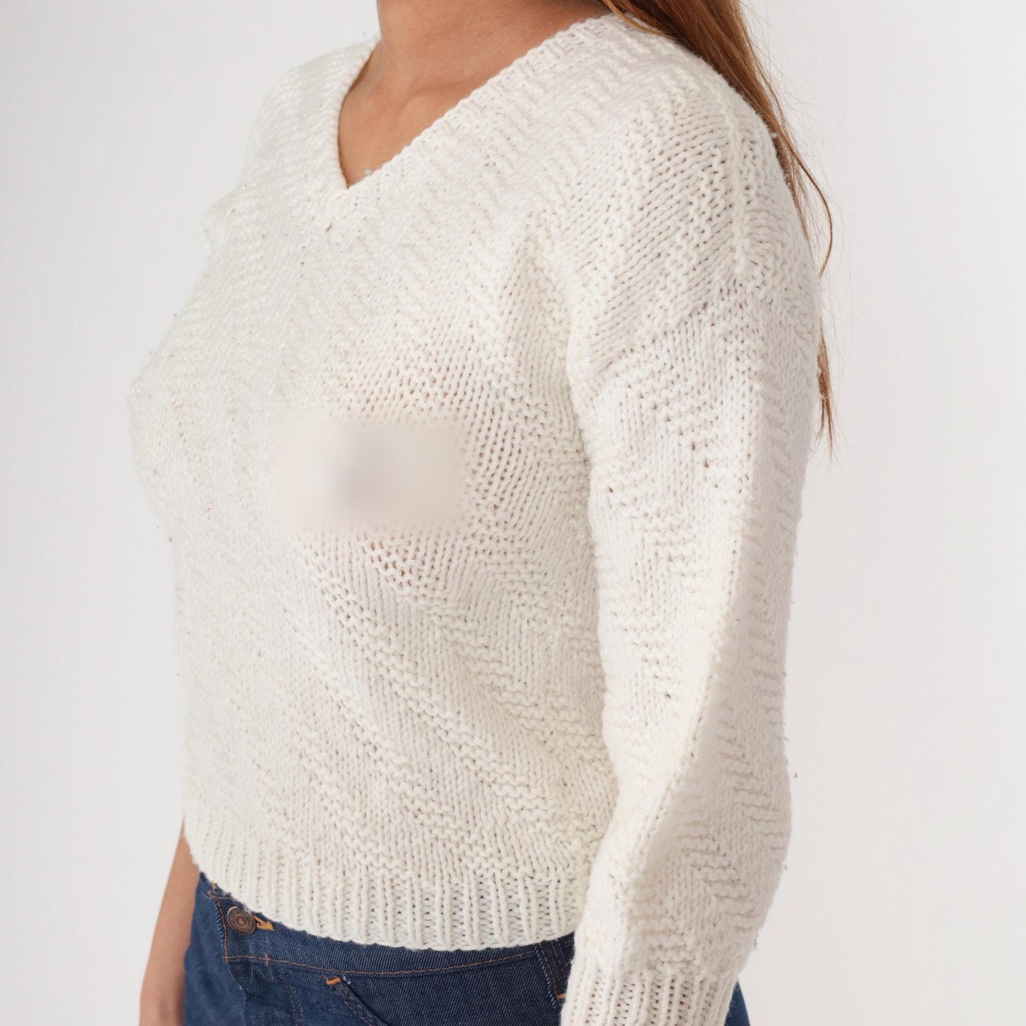 80s Cream V-Neck Cropped Sweater Three-Quarter Sleeve Knit Extra Small XS