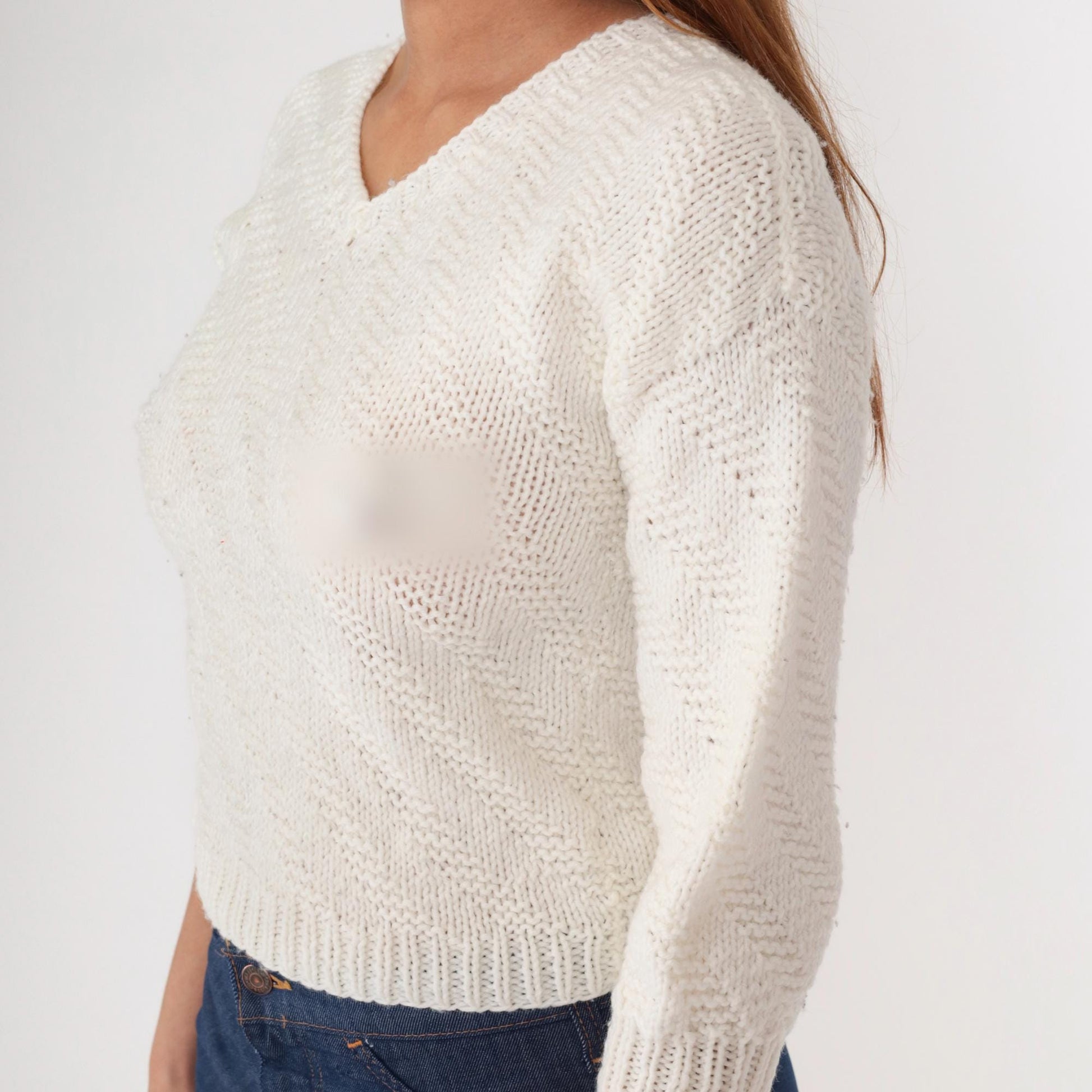 80s Cream V-Neck Cropped Sweater Three-Quarter Sleeve Knit Extra Small XS