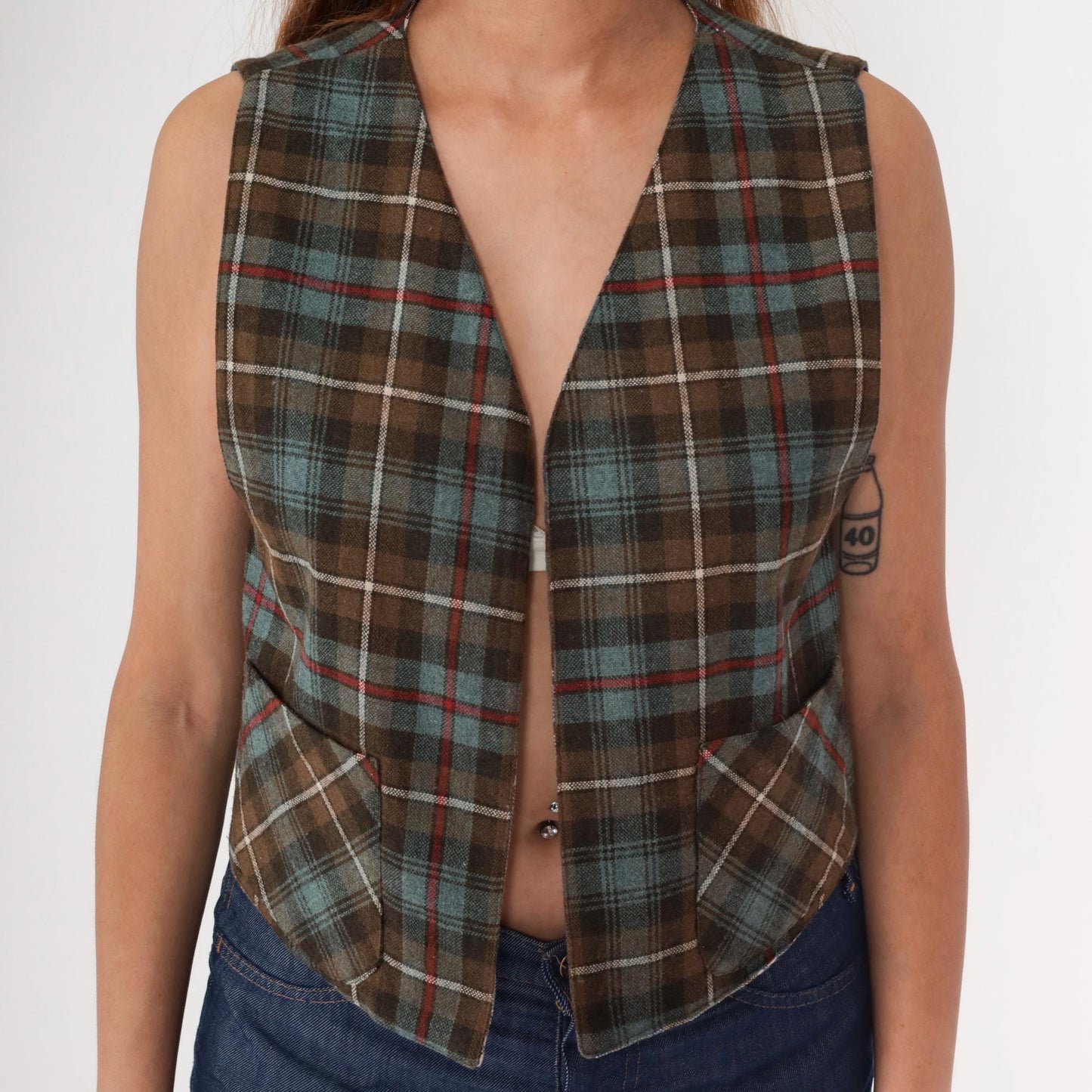 70s Plaid Reversible Vest Brown Blue Cream Tartan Waistcoat Medium