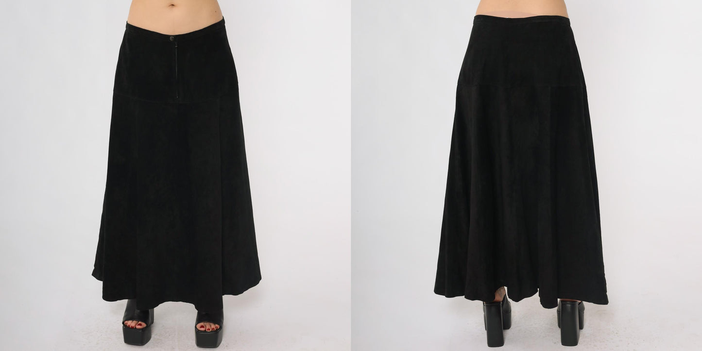 90s Marlynn Traditions Black Leather Maxi Skirt A-Line Large L