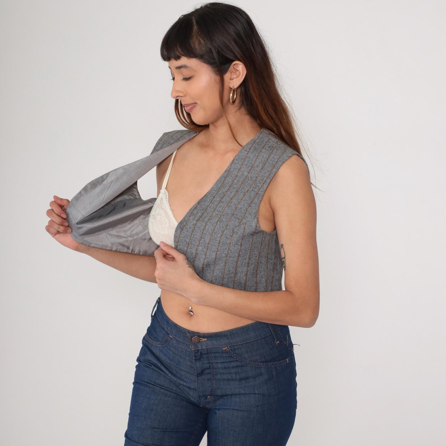 80s Grey Pinstripe Cropped Vest Open Front Sleeveless Small S