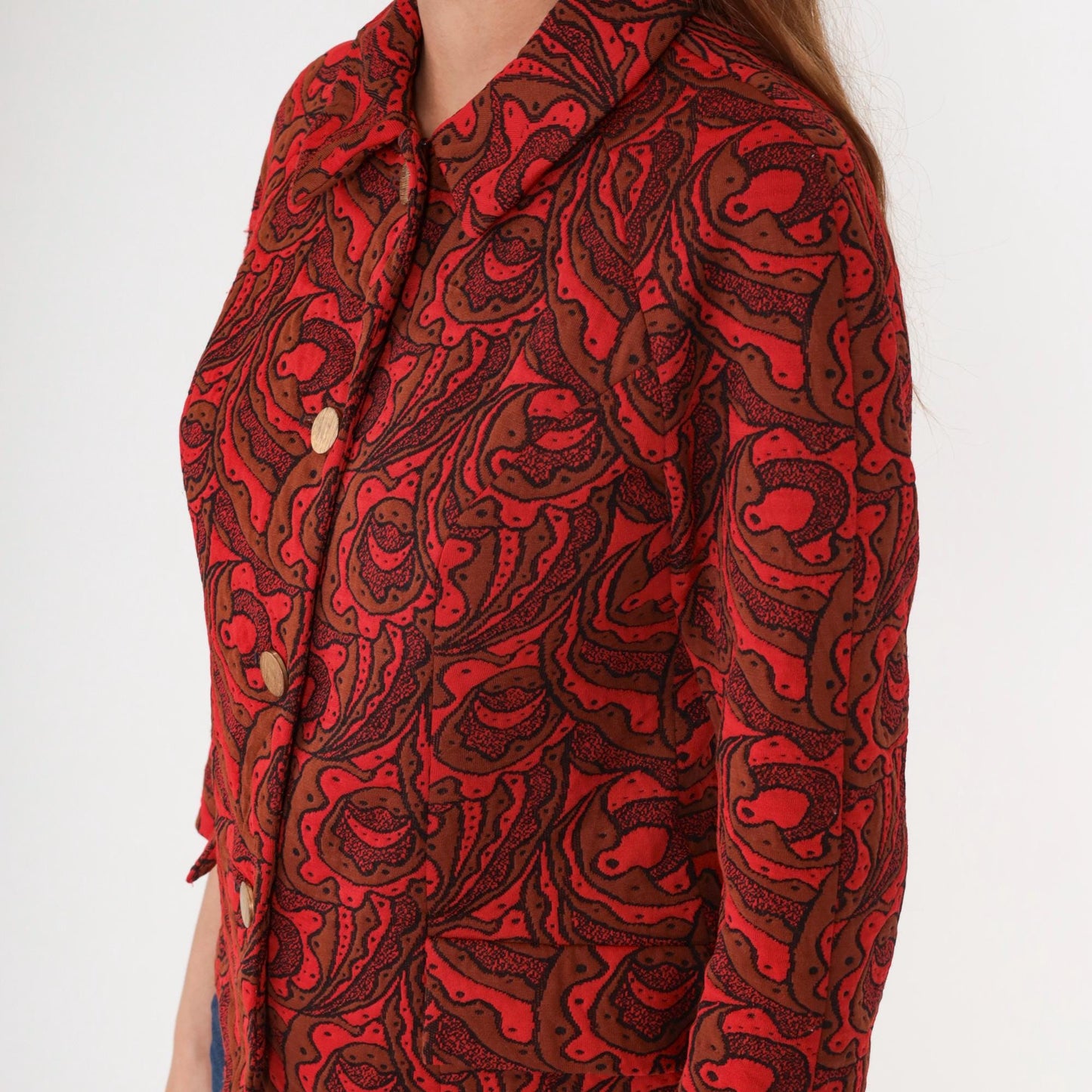 70s Lincoln Center Paisley Print Jacket Red Brown Button Front Medium