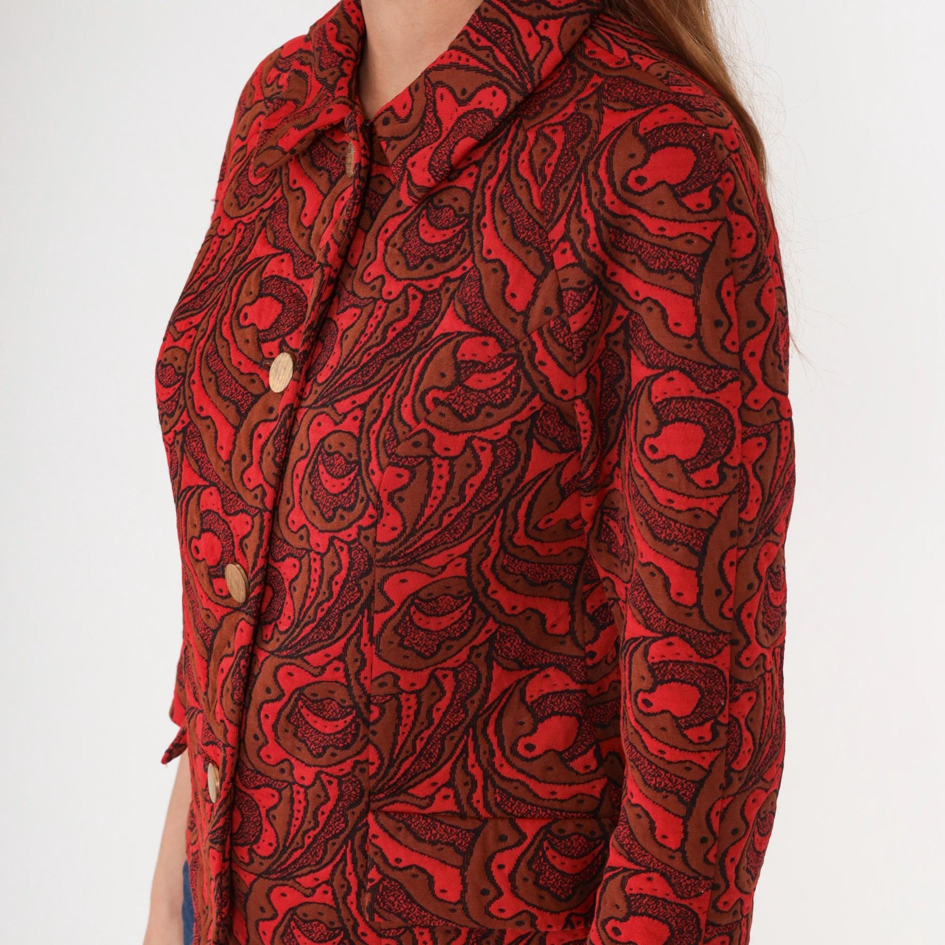 70s Lincoln Center Paisley Print Jacket Red Brown Button Front Medium