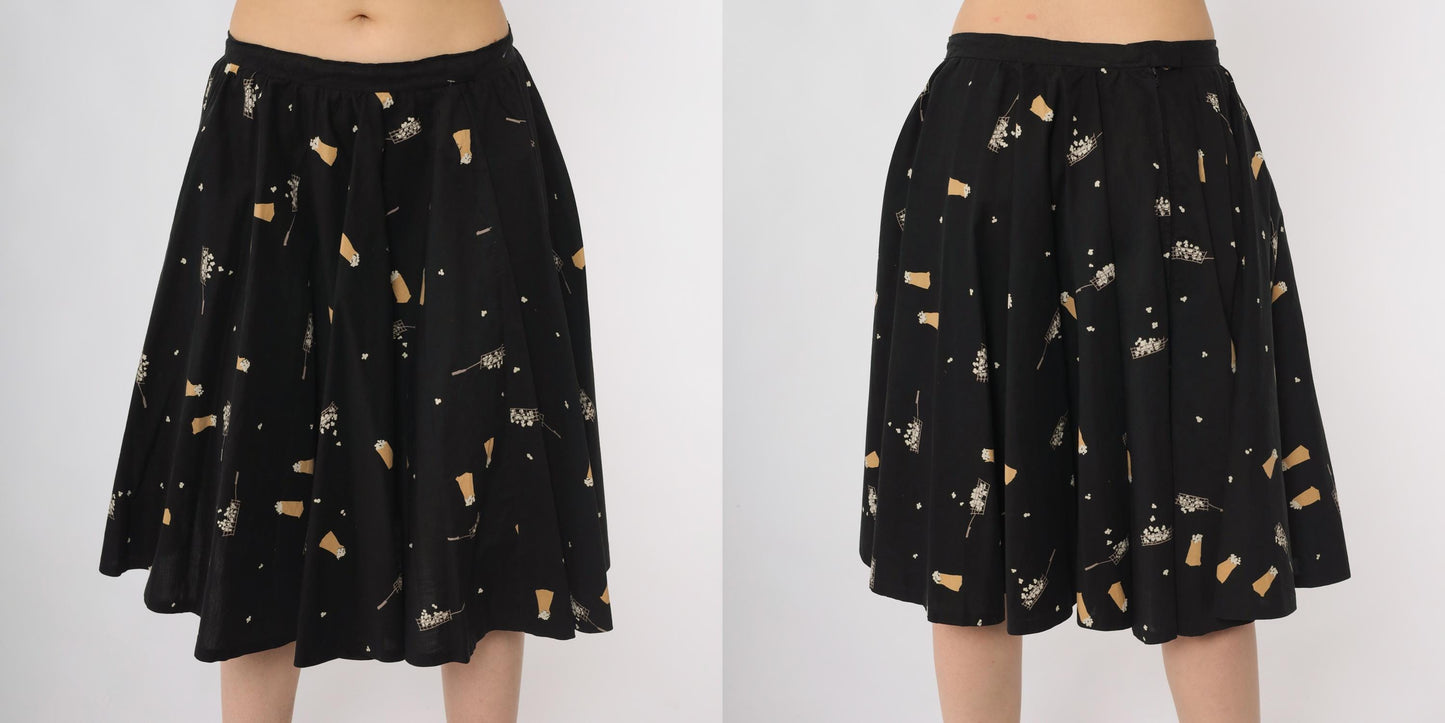 60s Popcorn Print A-Line Skirt Black Novelty Knee Length High Waist Medium