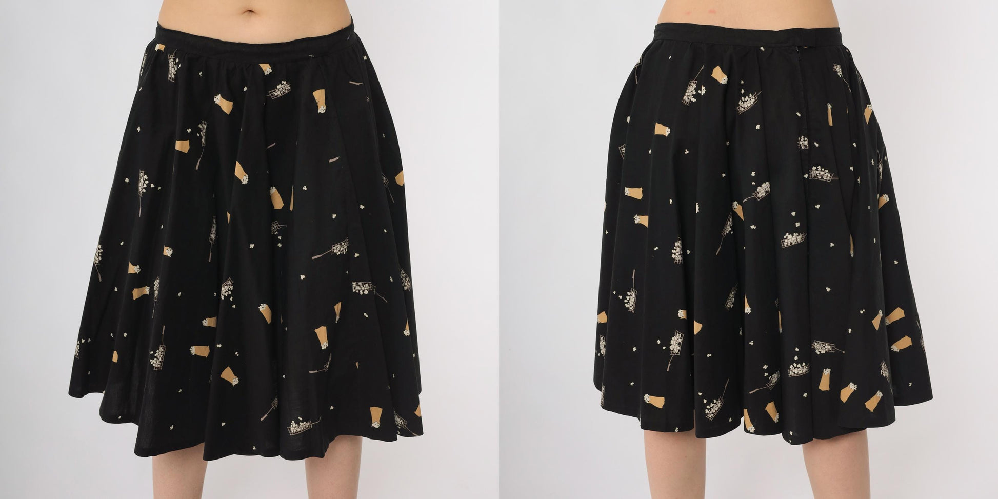 60s Popcorn Print A-Line Skirt Black Novelty Knee Length High Waist Medium