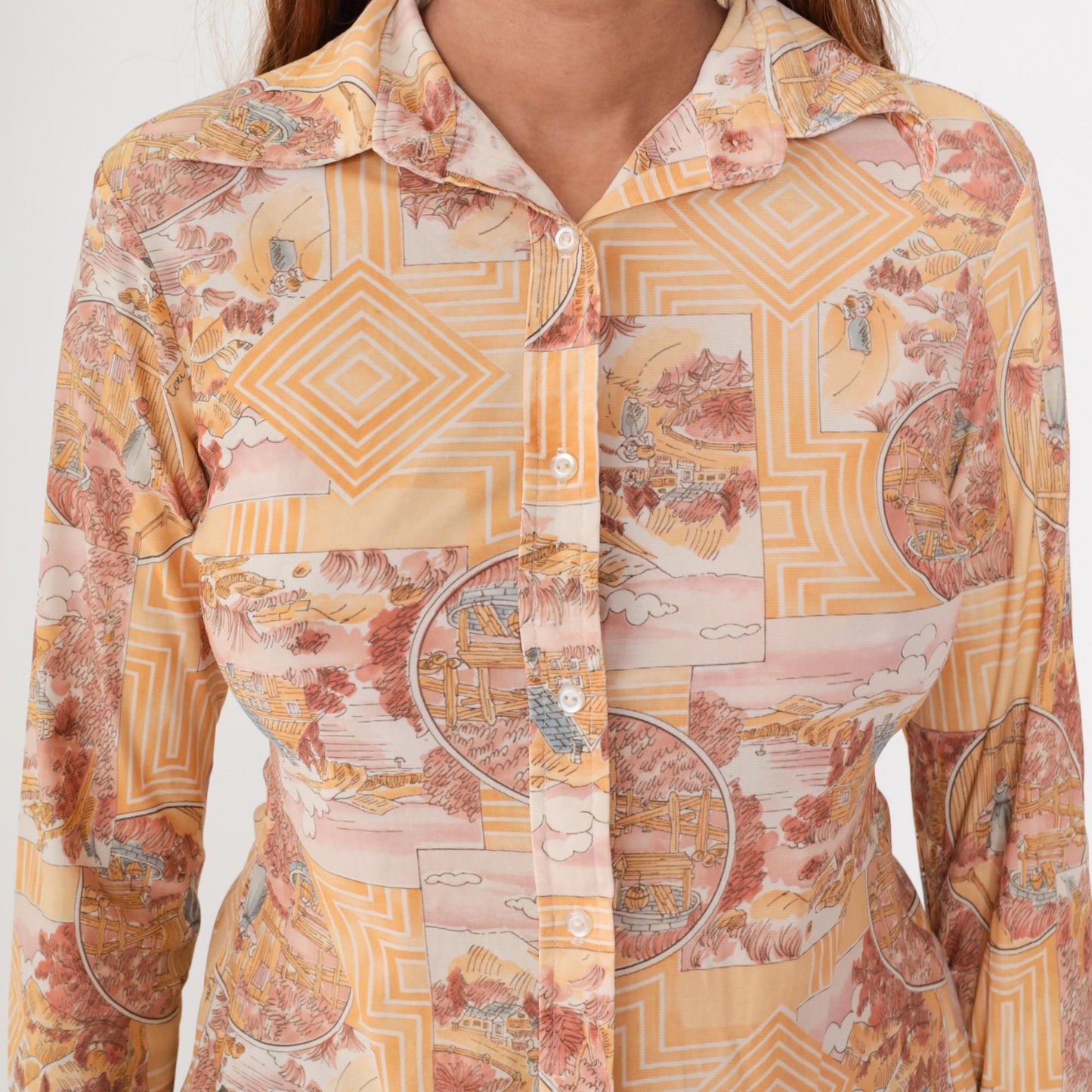70s Scenic Toile Button-Up Shirt Orange Pink Pastoral Print Small S