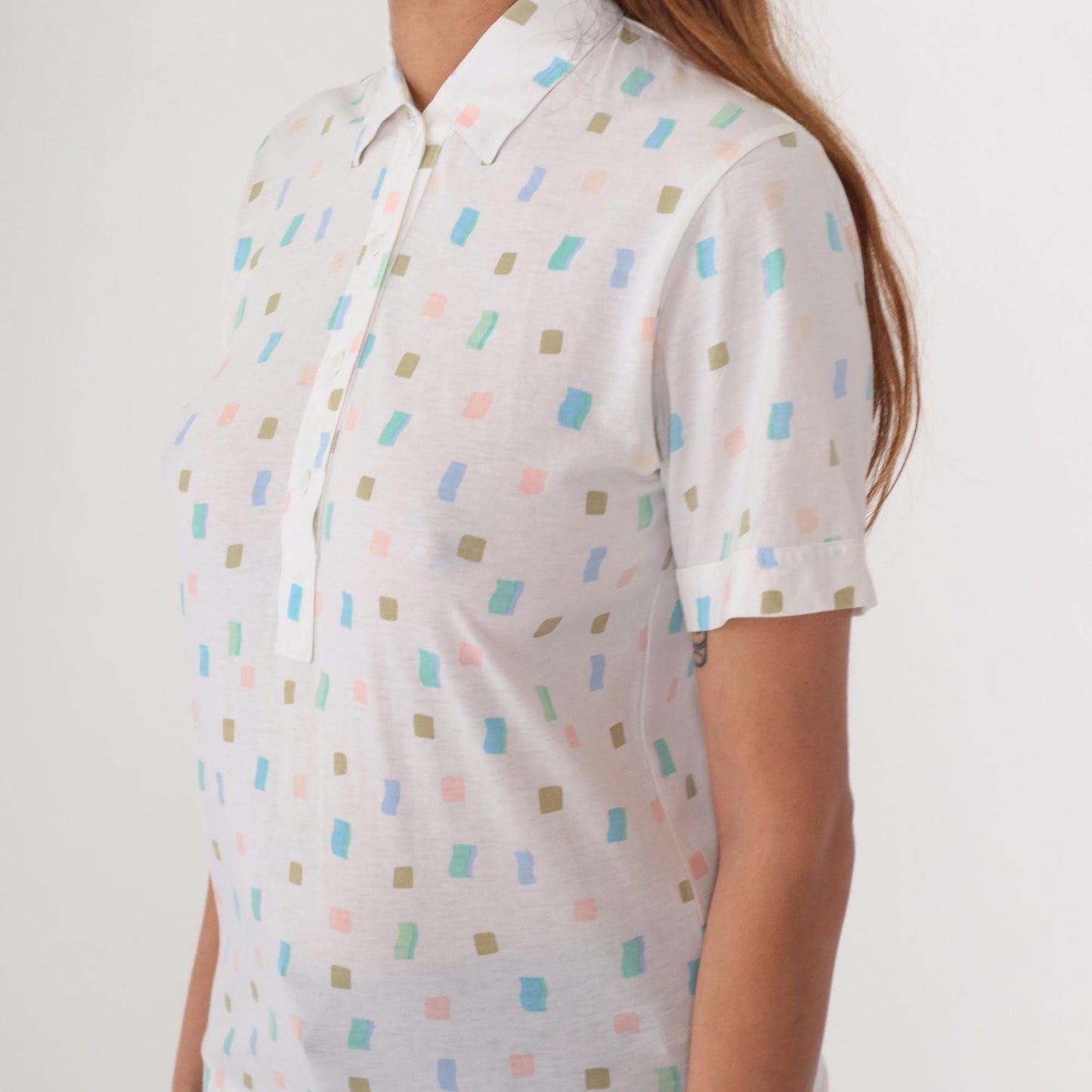 80s Leon Levin Polo Shirt White Geometric Pastel Collared Small S