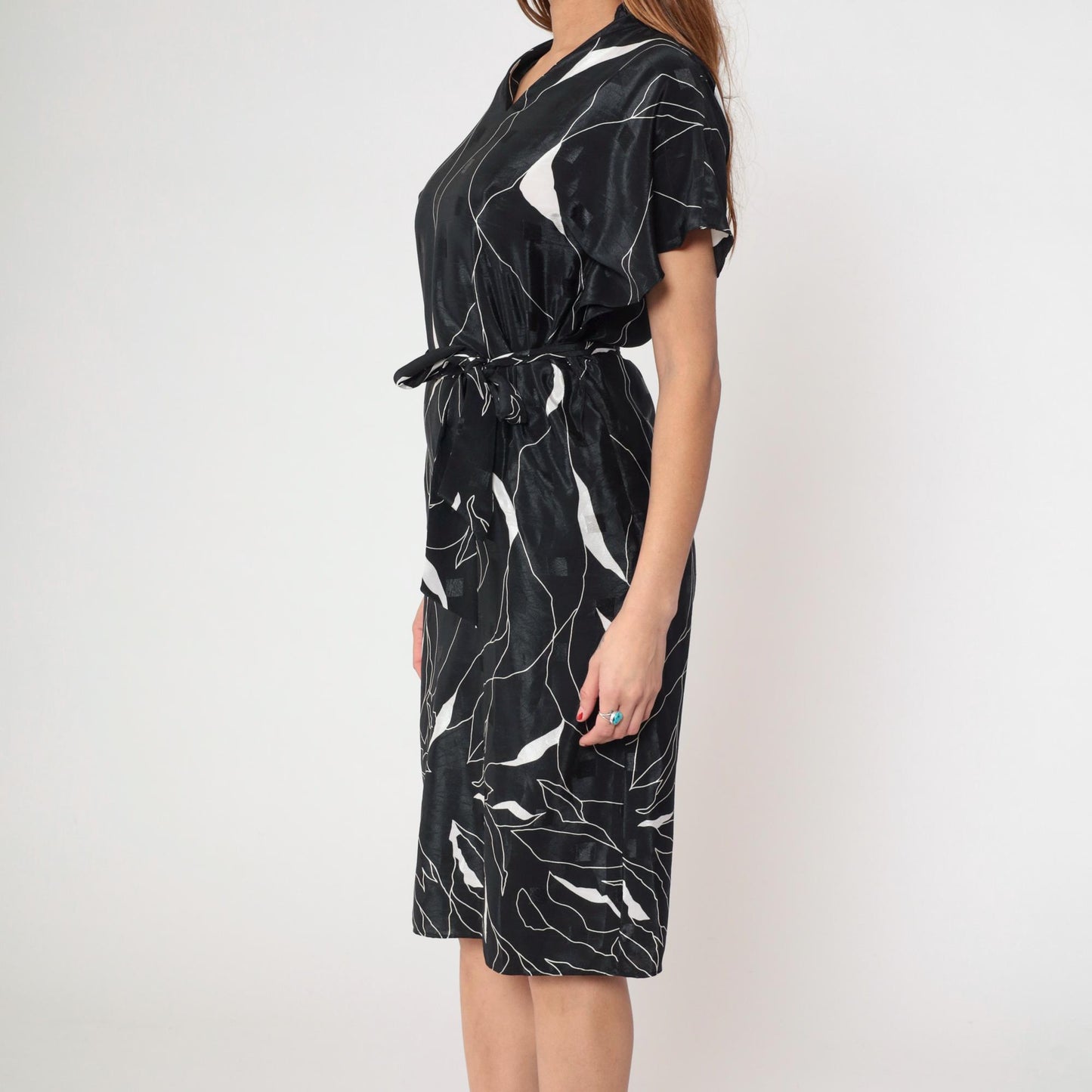 80s Brenner Petites Geometric Midi Dress Black White Abstract Print Belted Medium