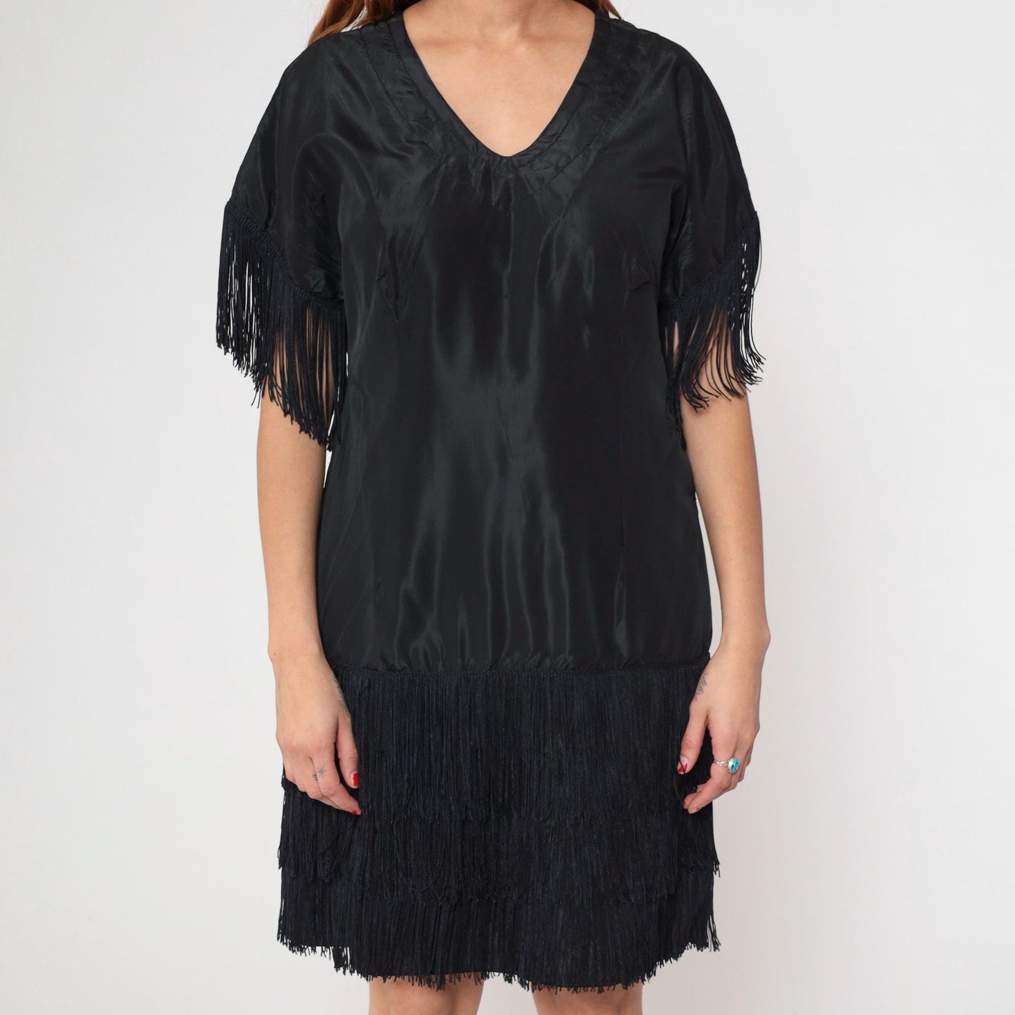 70s Black Fringe Mini Shift Dress V-Neck Tassel Sleeve Cocktail Medium M