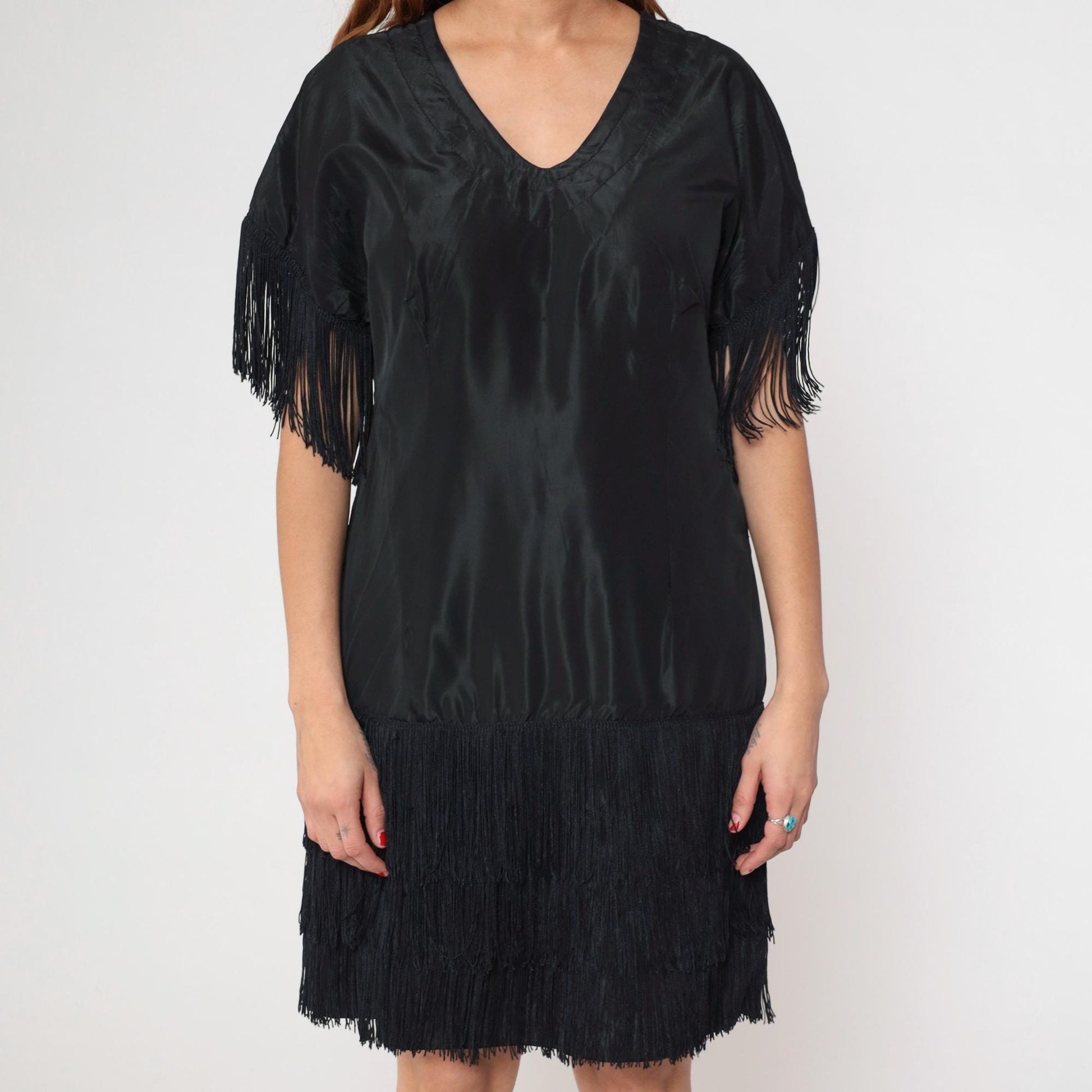 70s Black Fringe Mini Shift Dress V-Neck Tassel Sleeve Cocktail Medium M