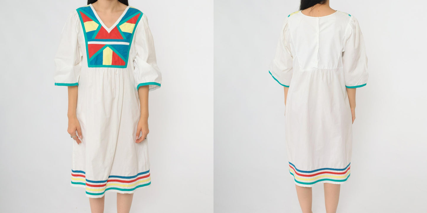 80s Foleys White Cotton Midi Dress Geometric Colorblock V-Neck Medium M