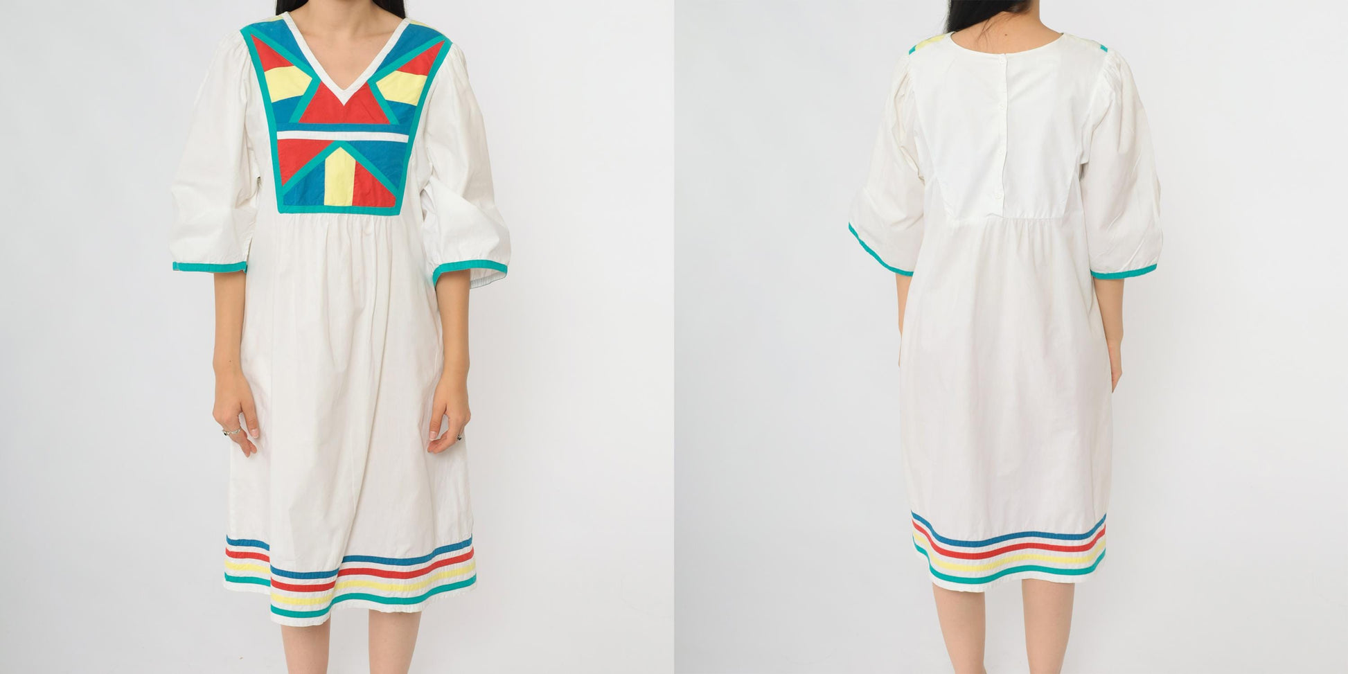 80s Foleys White Cotton Midi Dress Geometric Colorblock V-Neck Medium M