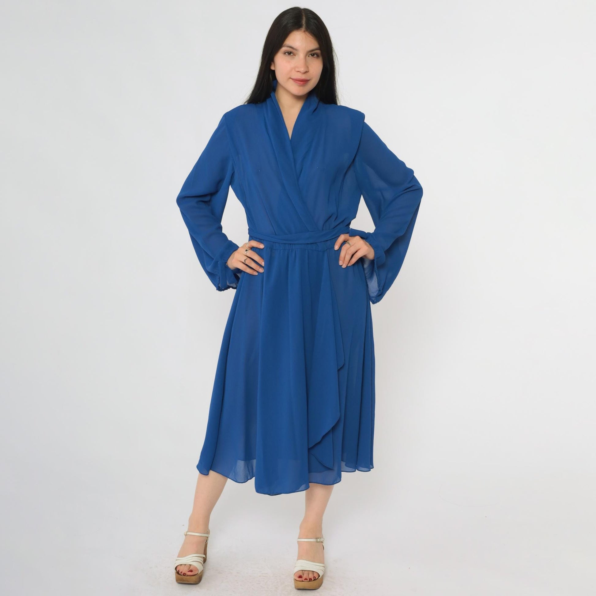 80s Royal Blue Wrap Dress Miss Elliette Midi Tie Waist Long Sleeve Large L