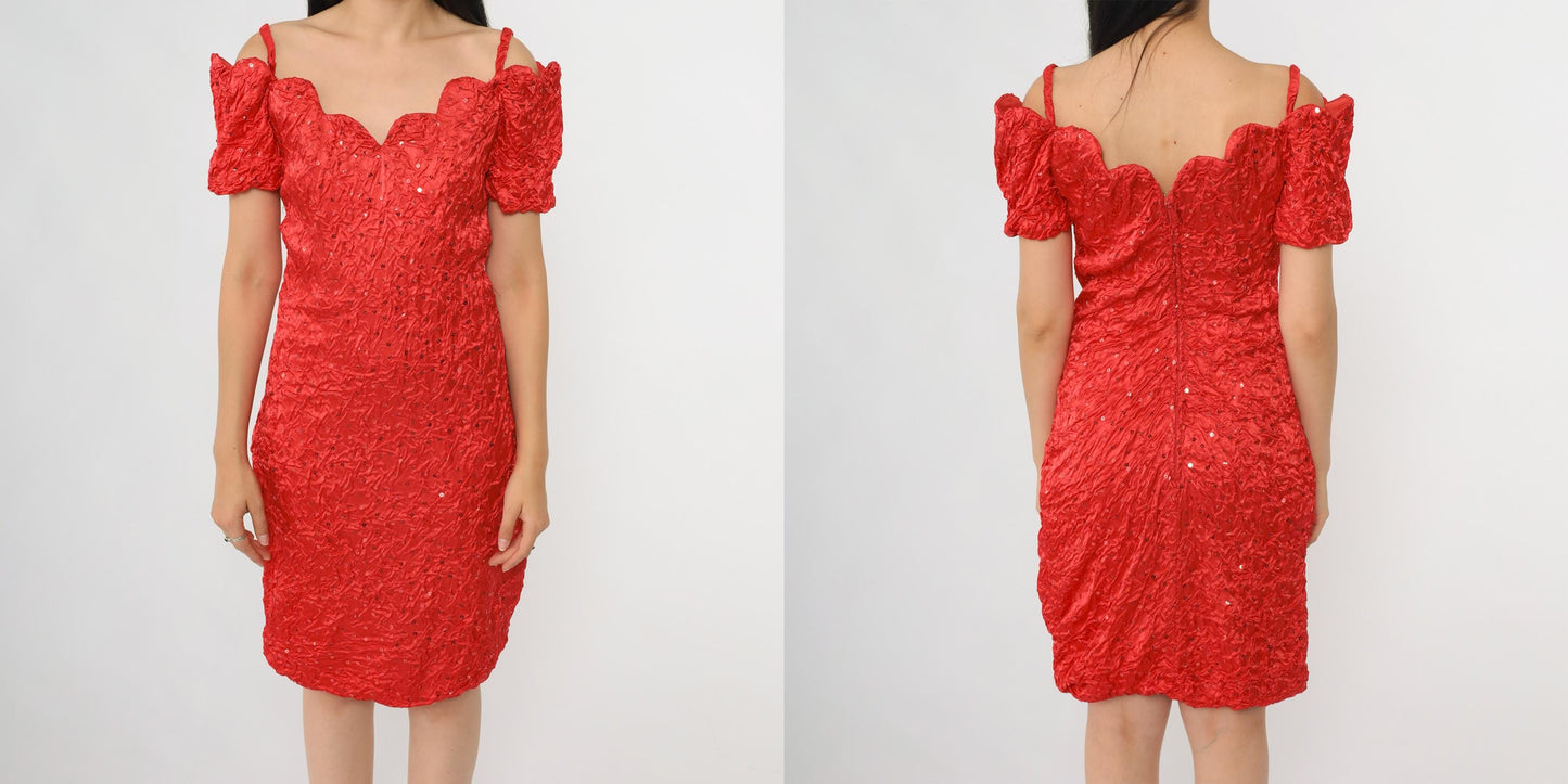 80s Zum Zum Red Sequin Cocktail Dress Off-Shoulder Sweetheart Small
