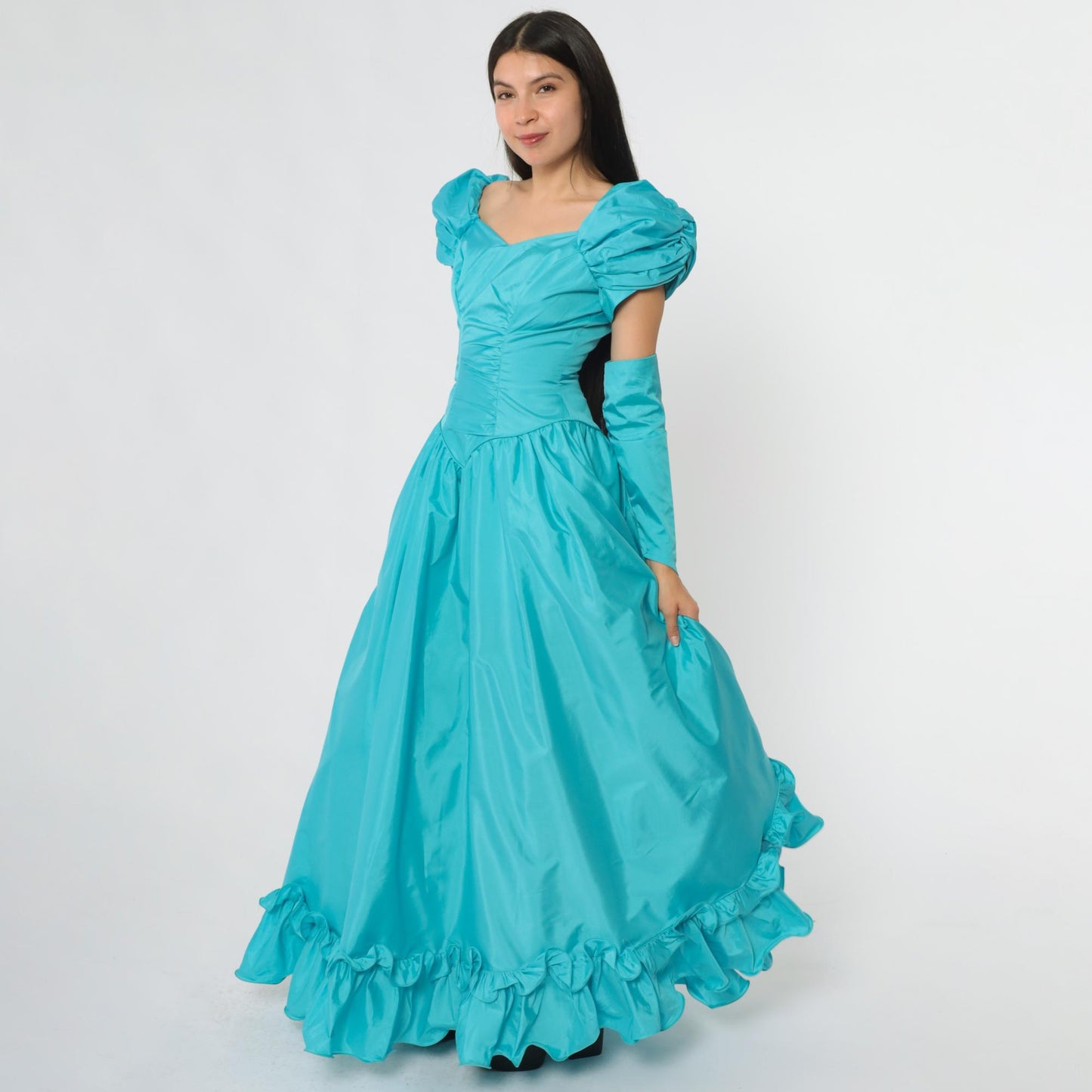 80s Turquoise Ball Gown Puff Sleeve Off-Shoulder Sweetheart Neckline Extra Small XS