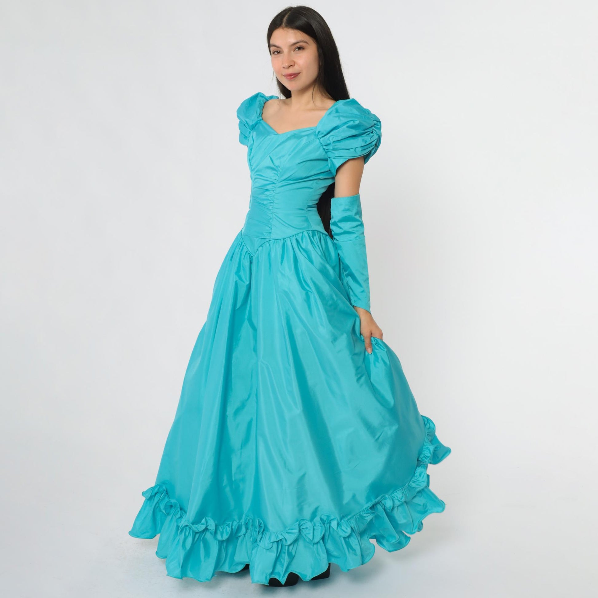 80s Turquoise Ball Gown Puff Sleeve Off-Shoulder Sweetheart Neckline Extra Small XS