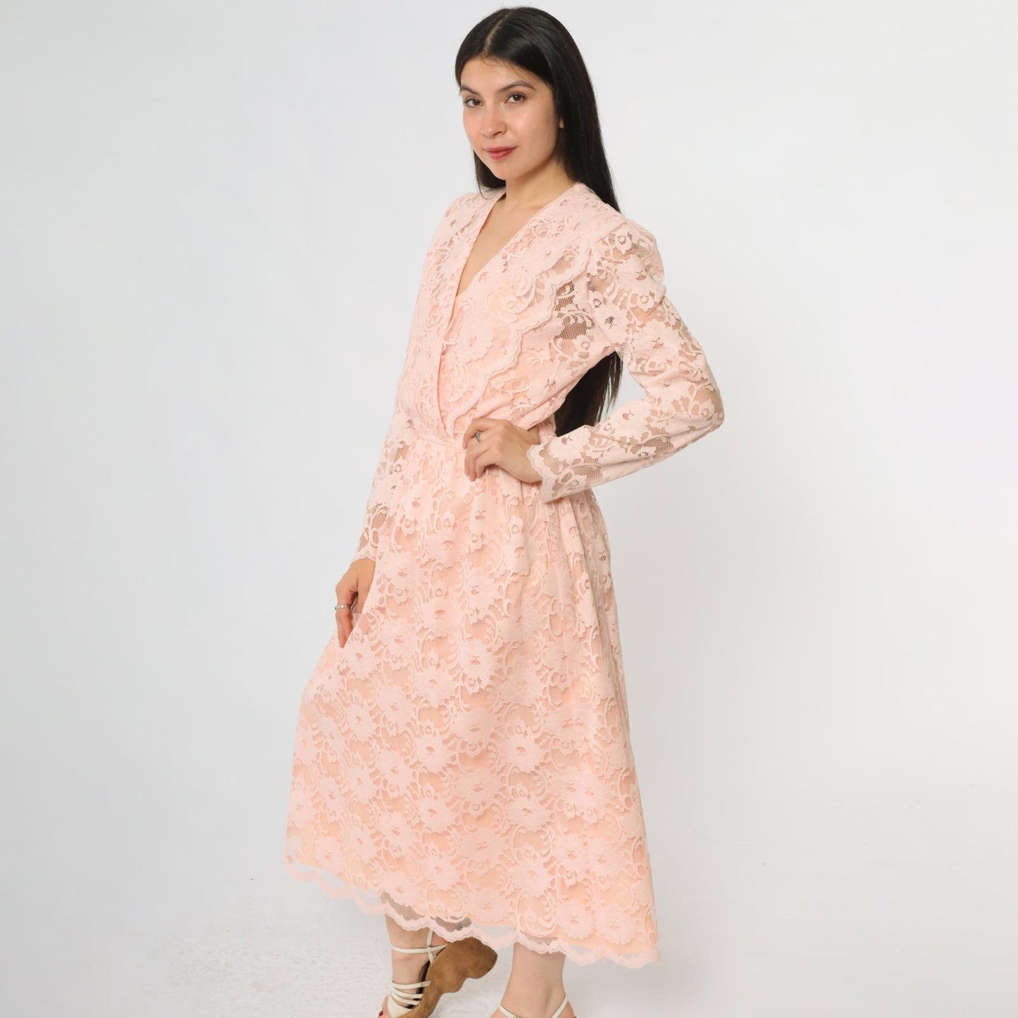 80s Blush Pink Floral Lace Maxi Dress V-Neck Empire Waist Small