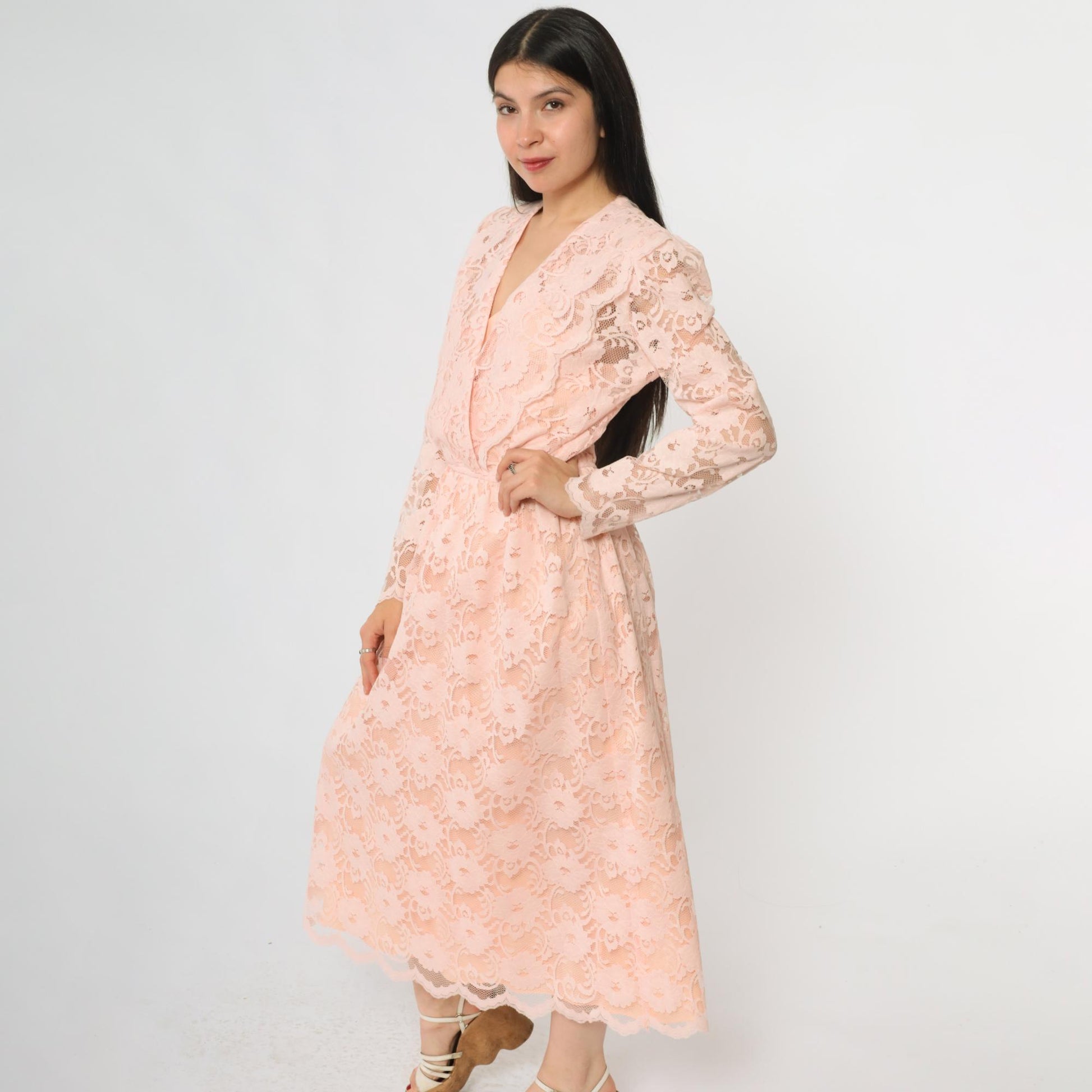 80s Blush Pink Floral Lace Maxi Dress V-Neck Empire Waist Small