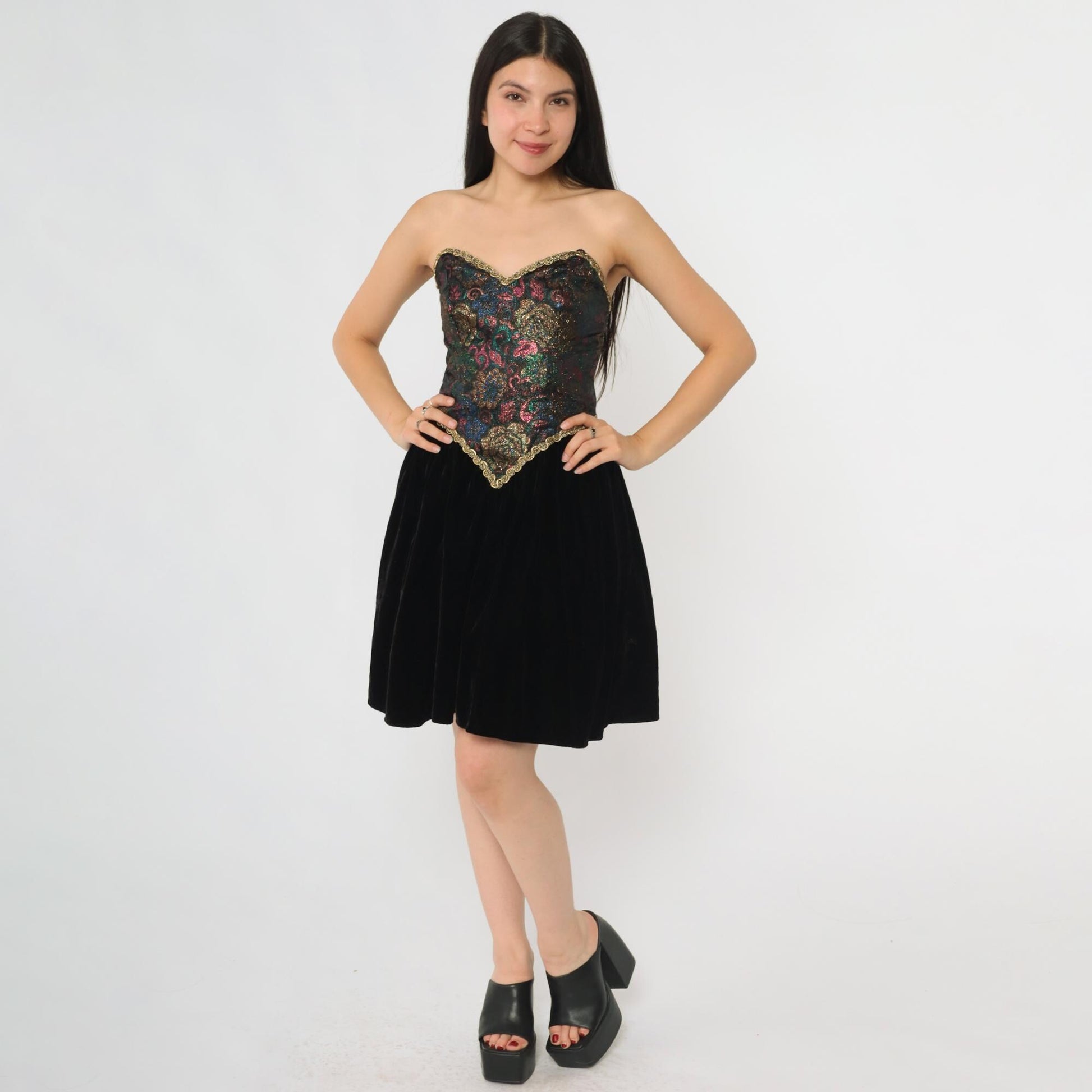 80s Zum Zum Black Mini Dress Brocade Bodice Gold Trim Sweetheart Small