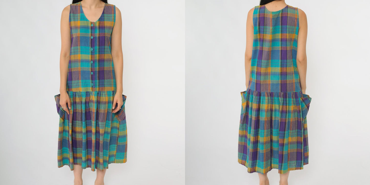 90s Honors Apparel Plaid Midi Dress Teal Purple Yellow Button Front Medium