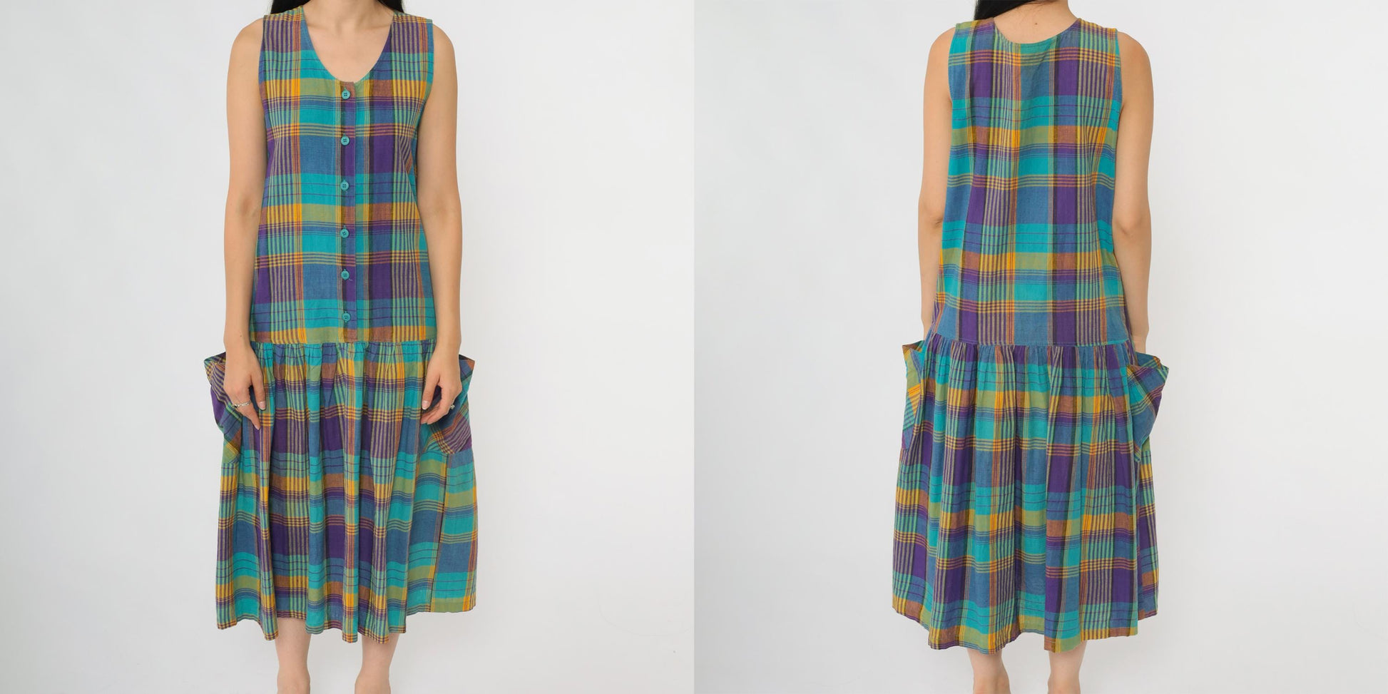 90s Honors Apparel Plaid Midi Dress Teal Purple Yellow Button Front Medium