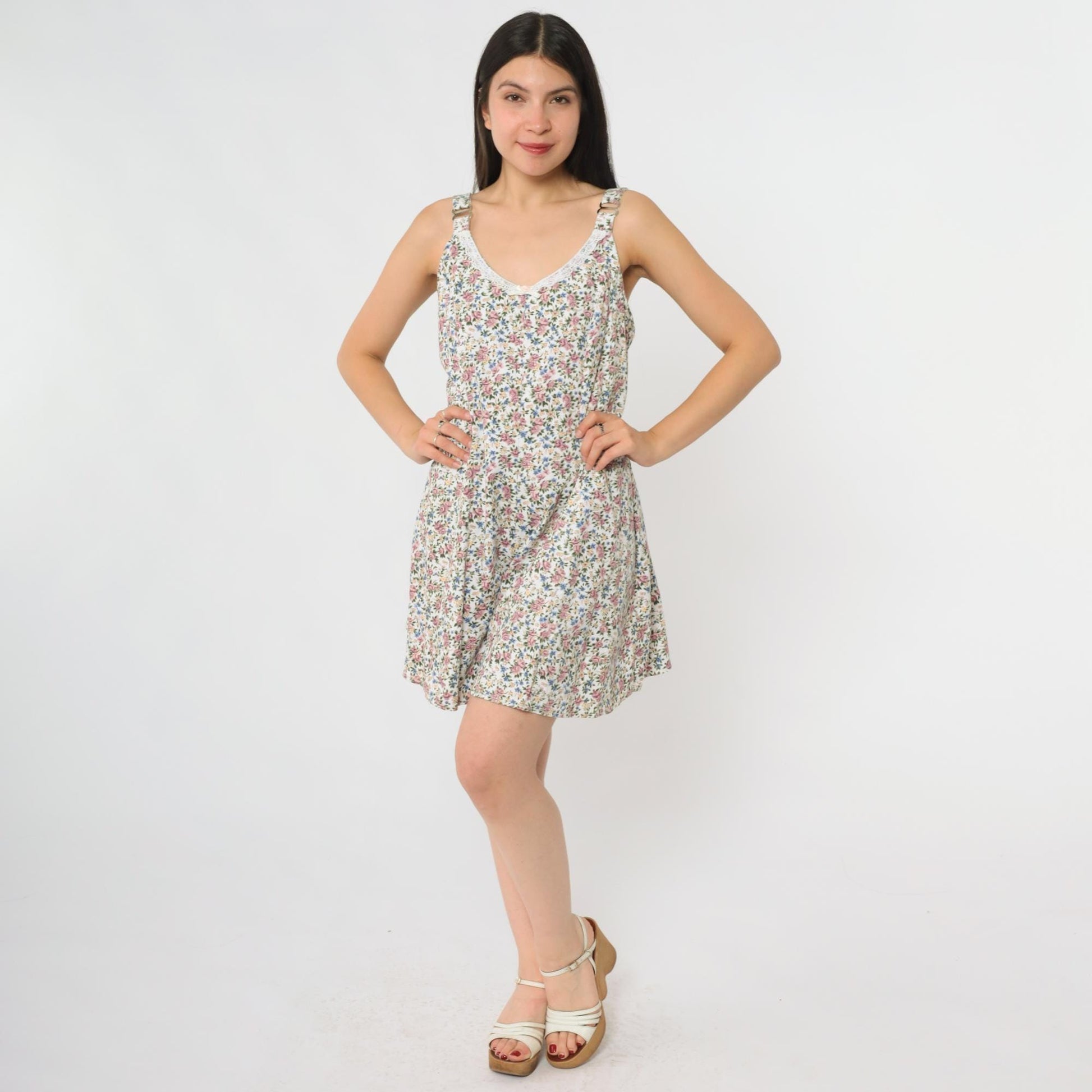 90s Stefano International White Floral Mini Romper Tank V-Neck Lace Trim Medium
