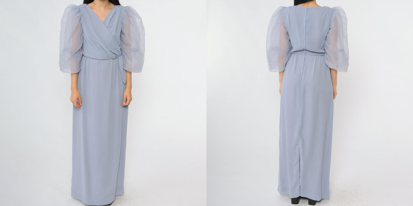 80s Miss Elliette Periwinkle Maxi Dress Puff Sleeve Wrap V-Neck Extra Small XS