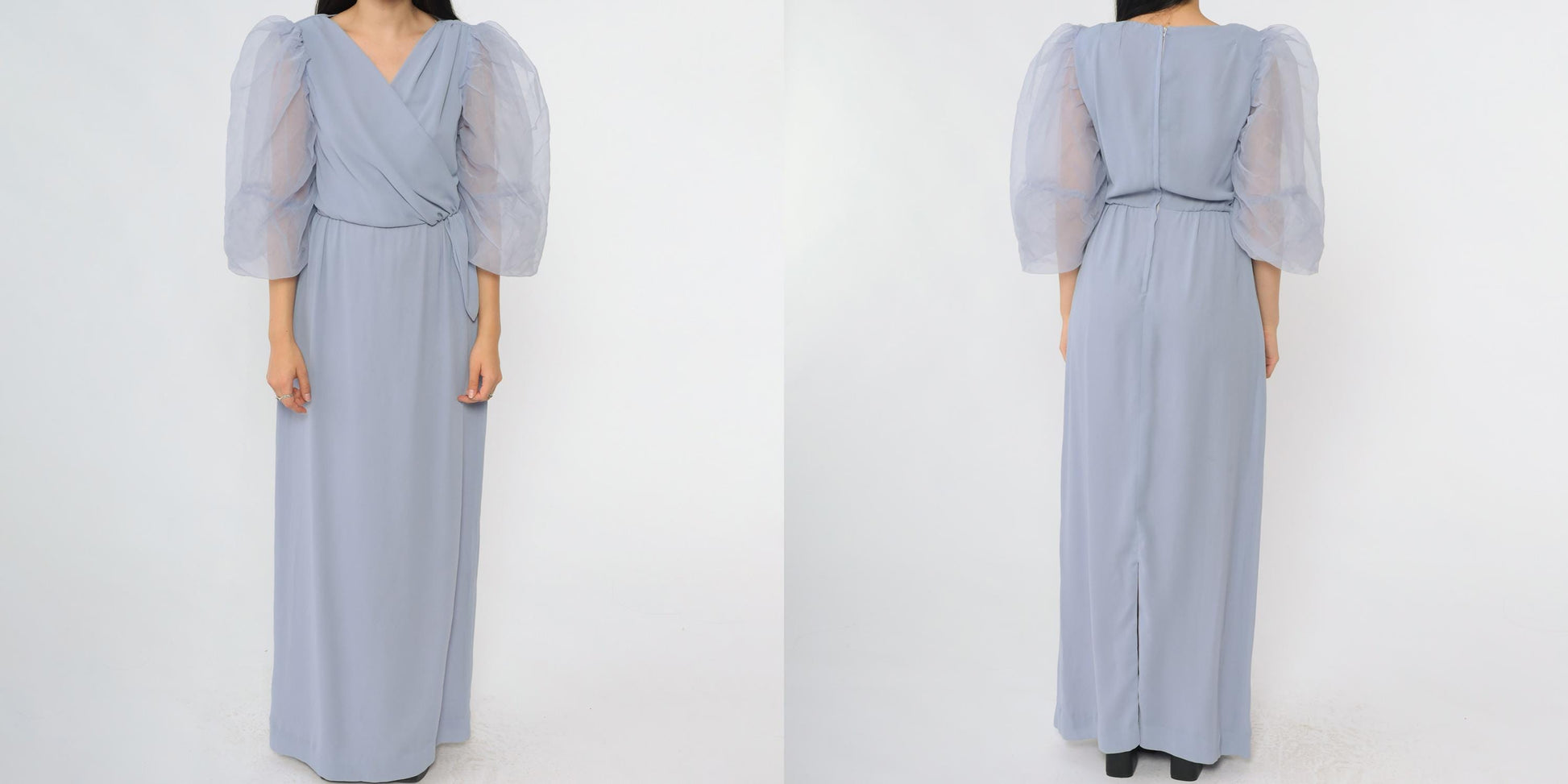 80s Miss Elliette Periwinkle Maxi Dress Puff Sleeve Wrap V-Neck Extra Small XS