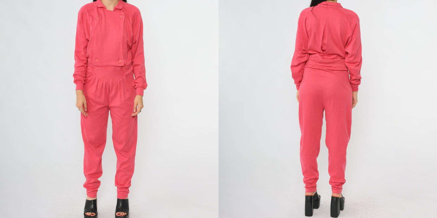 80s Hot Pink Tracksuit OS International Button Jacket Tapered Pants Small