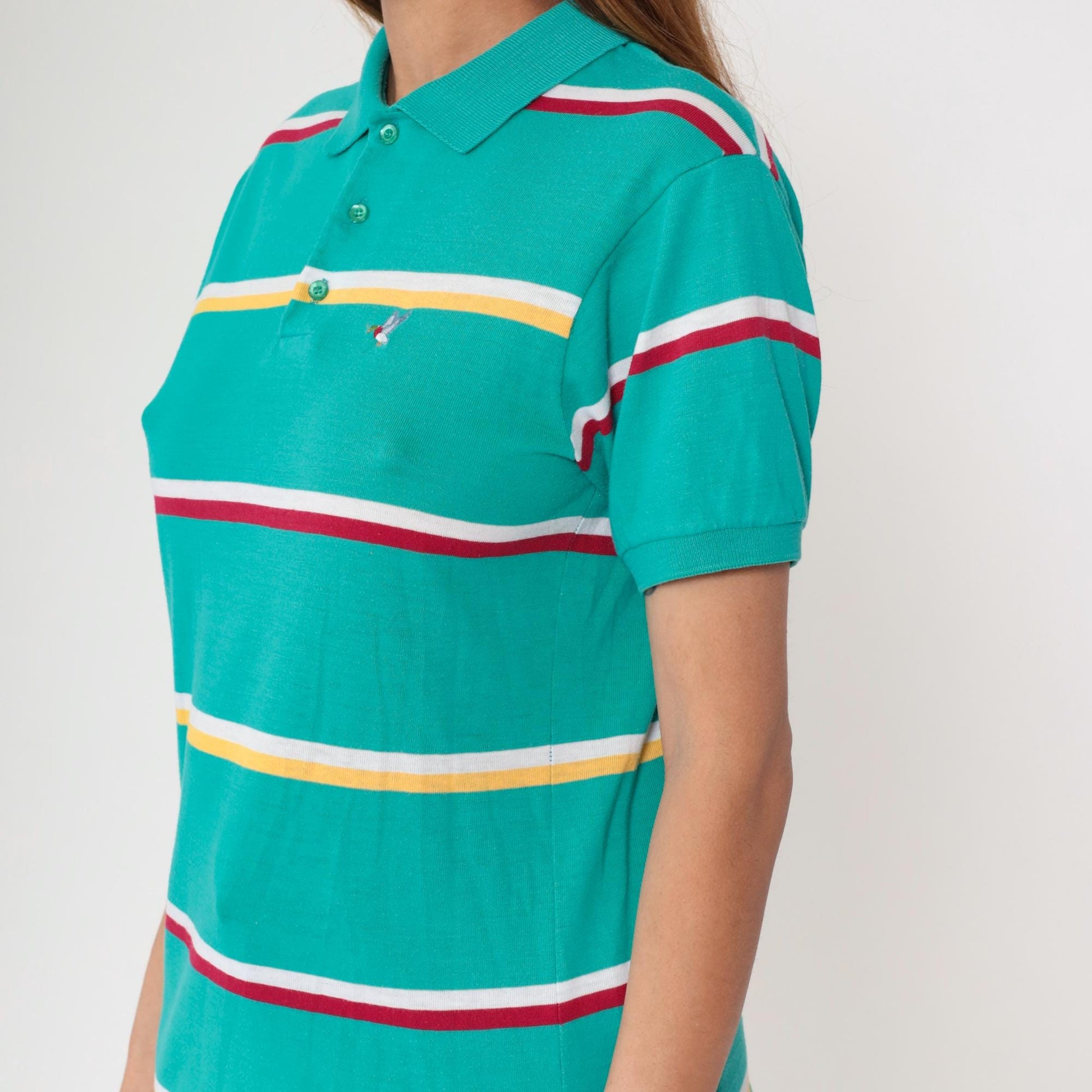 80s Green Striped Polo Shirt Duck Crest Embroidered Collared Large L