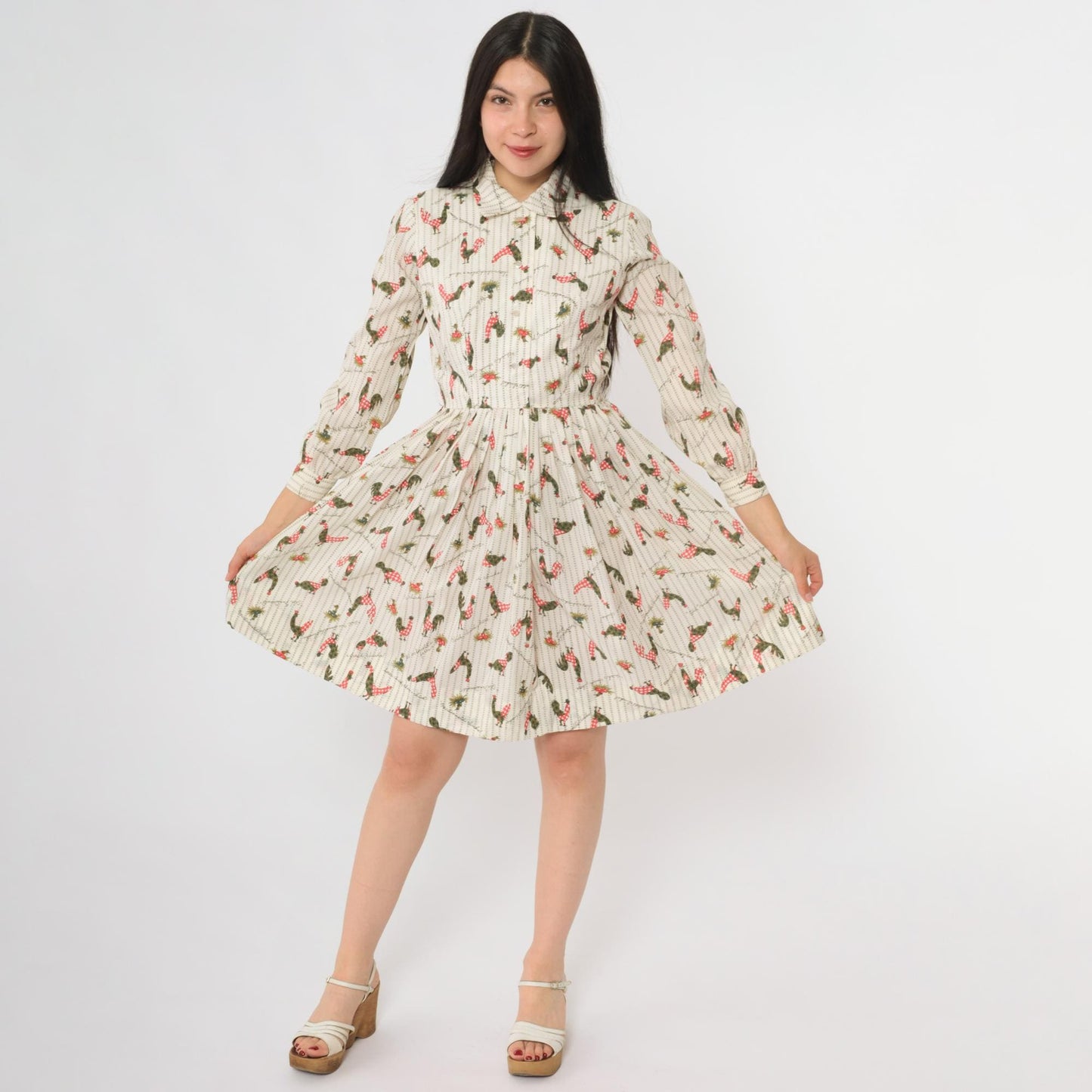 60s Rooster Print Cream Dress Peter Pan Collar Button Front Extra Small XS