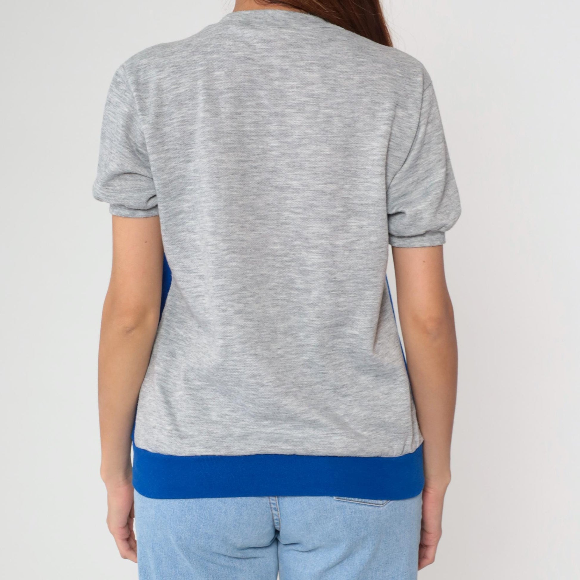 80s Colorblock Athletic V-Neck Shirt Grey Blue White Stripes Medium