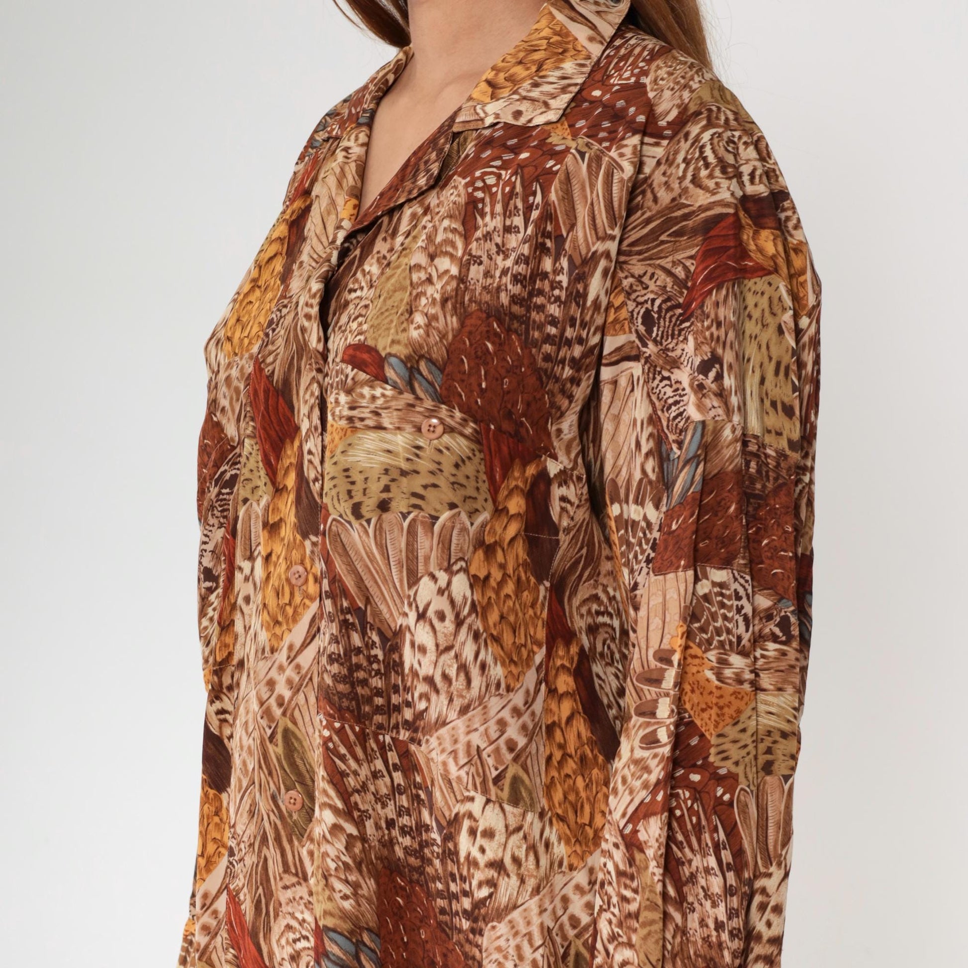 Ellen Tracy Silk Feather Print Blouse Brown Button Front Long Sleeve Large