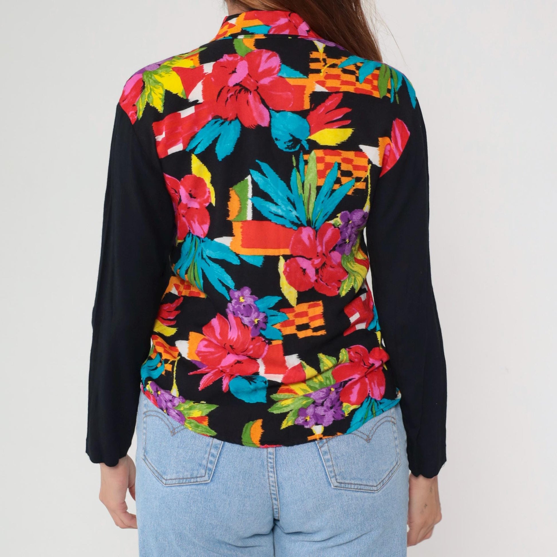 90s F Stop Floral Blouse Black Rayon Hibiscus Print Button-Up Small S