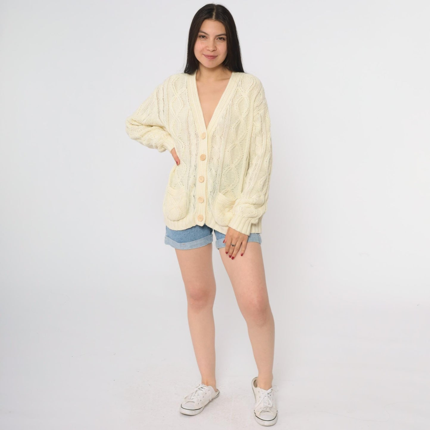 80s Cream Cable Knit Cardigan Deep V-Neck Button Front Chunky Knit Large