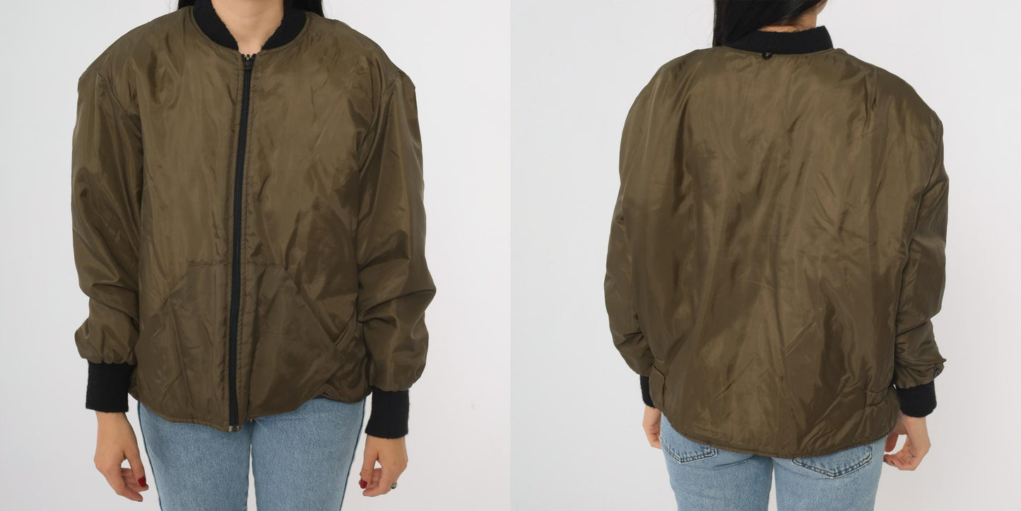 90s RedHead Olive Green Nylon Bomber Jacket Black Rib Trim XL