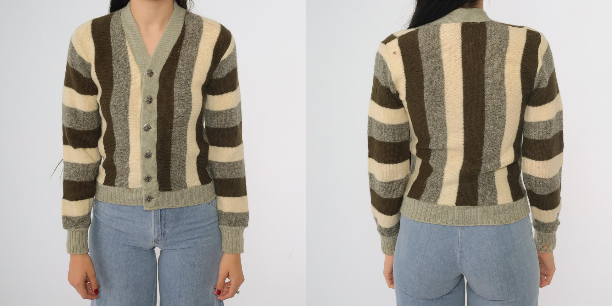 70s Striped Wool Cardigan Olive Green Brown Cream Button Front Extra Small XS