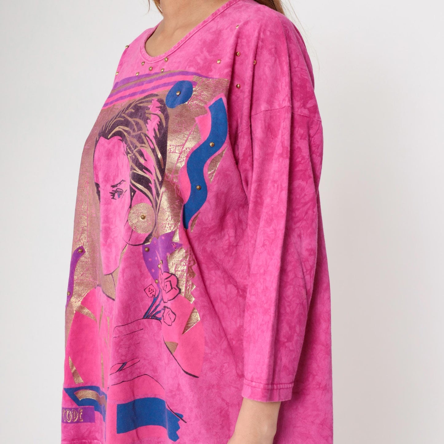 00s Artistic Portrait Graphic Tee Hot Pink Gold Metallic 3/4 Sleeve Medium Large