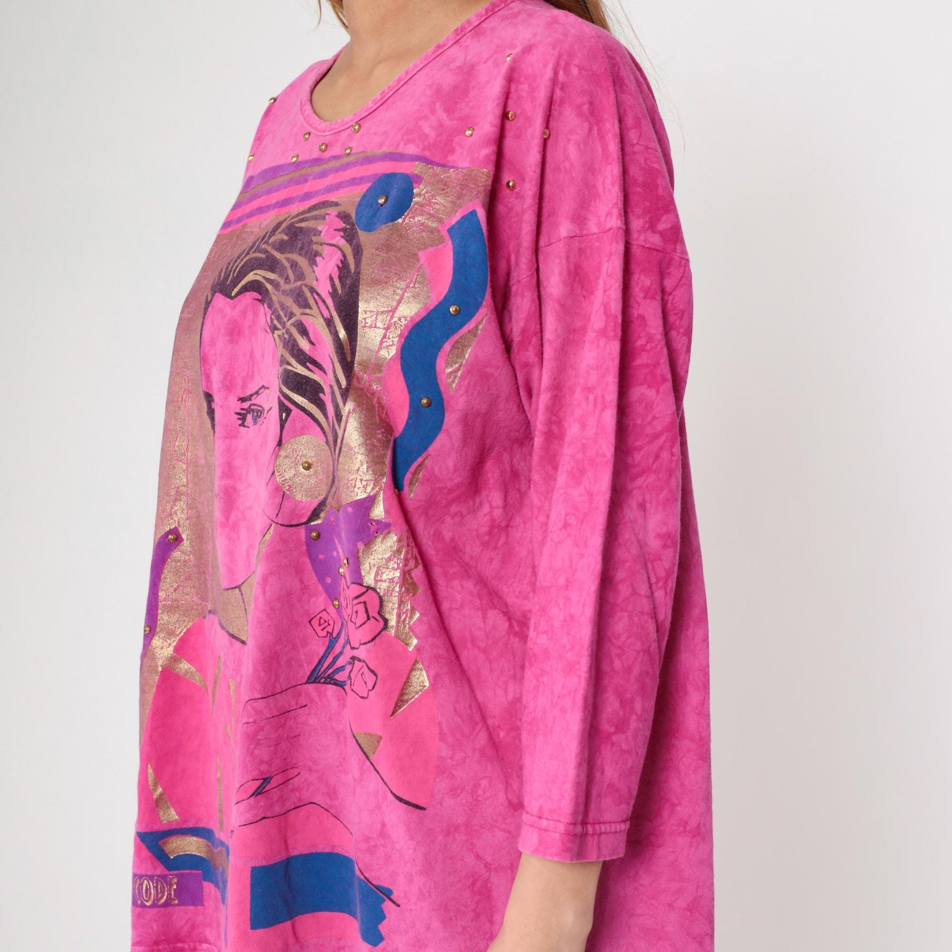 00s Artistic Portrait Graphic Tee Hot Pink Gold Metallic 3/4 Sleeve Medium Large