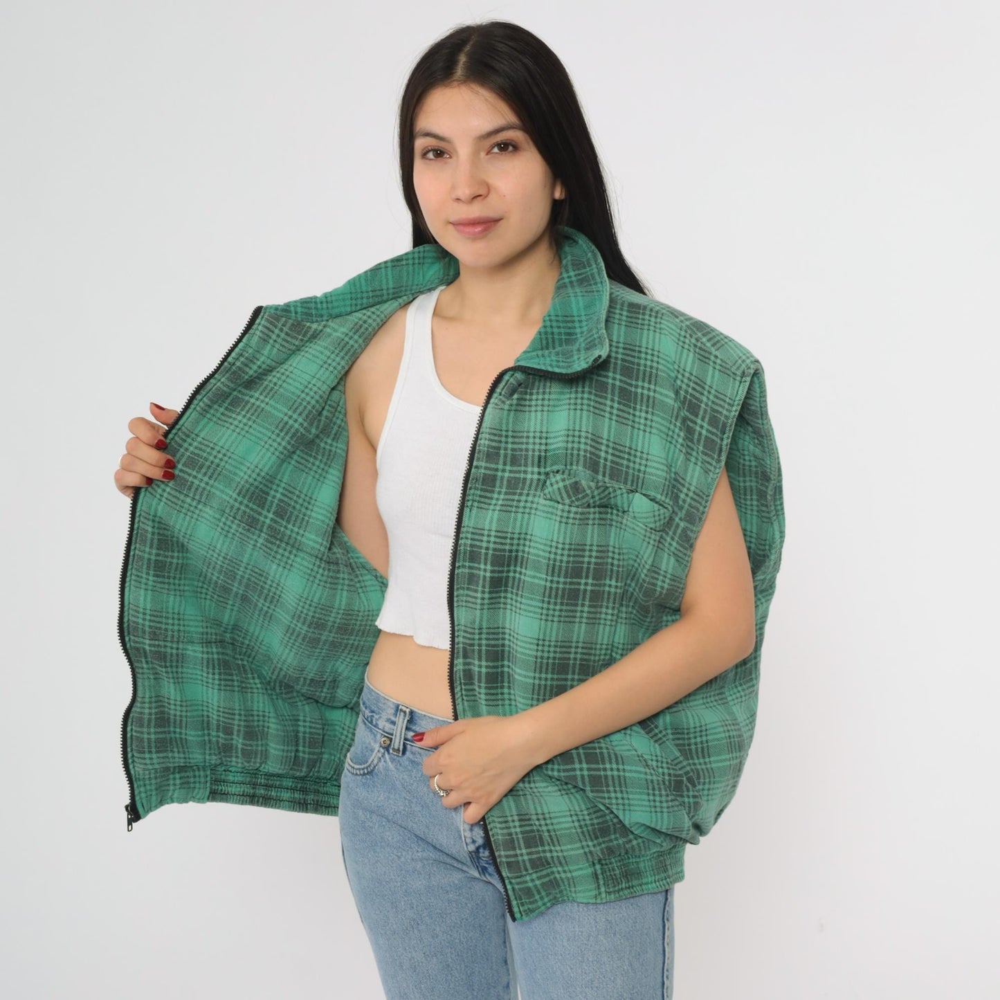 90s Northwest Territory Green Plaid Vest Tartan Zip Sleeveless Large