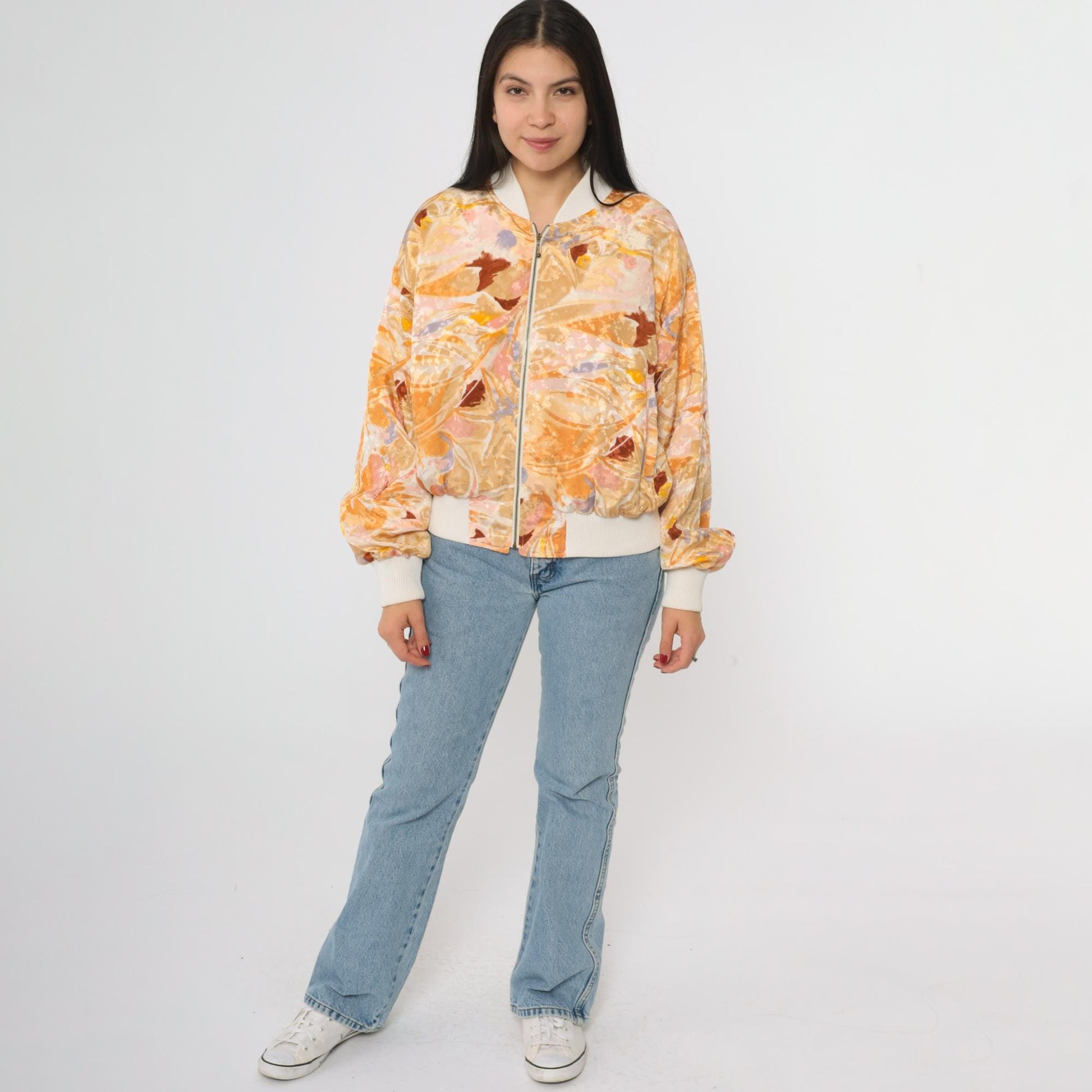 90s Hanasport Watercolor Bomber Jacket Abstract Print Peach Medium M