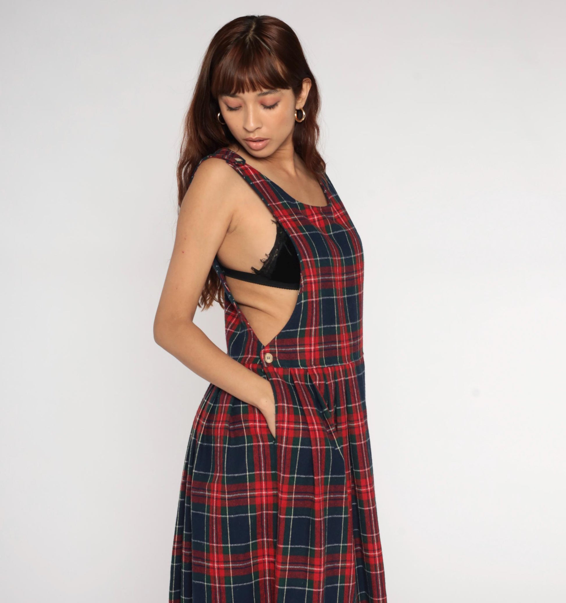 90s Willow Bend Plaid Pinafore Midi Dress Green Red Wool Blend Large